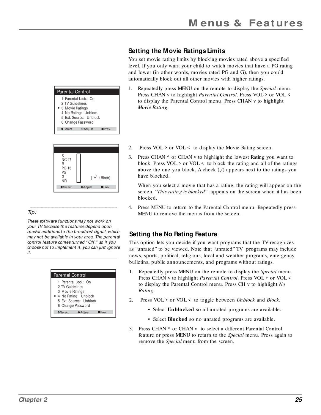 RCA MR14400, MR20400 manual Setting the Movie Ratings Limits, Setting the No Rating Feature 