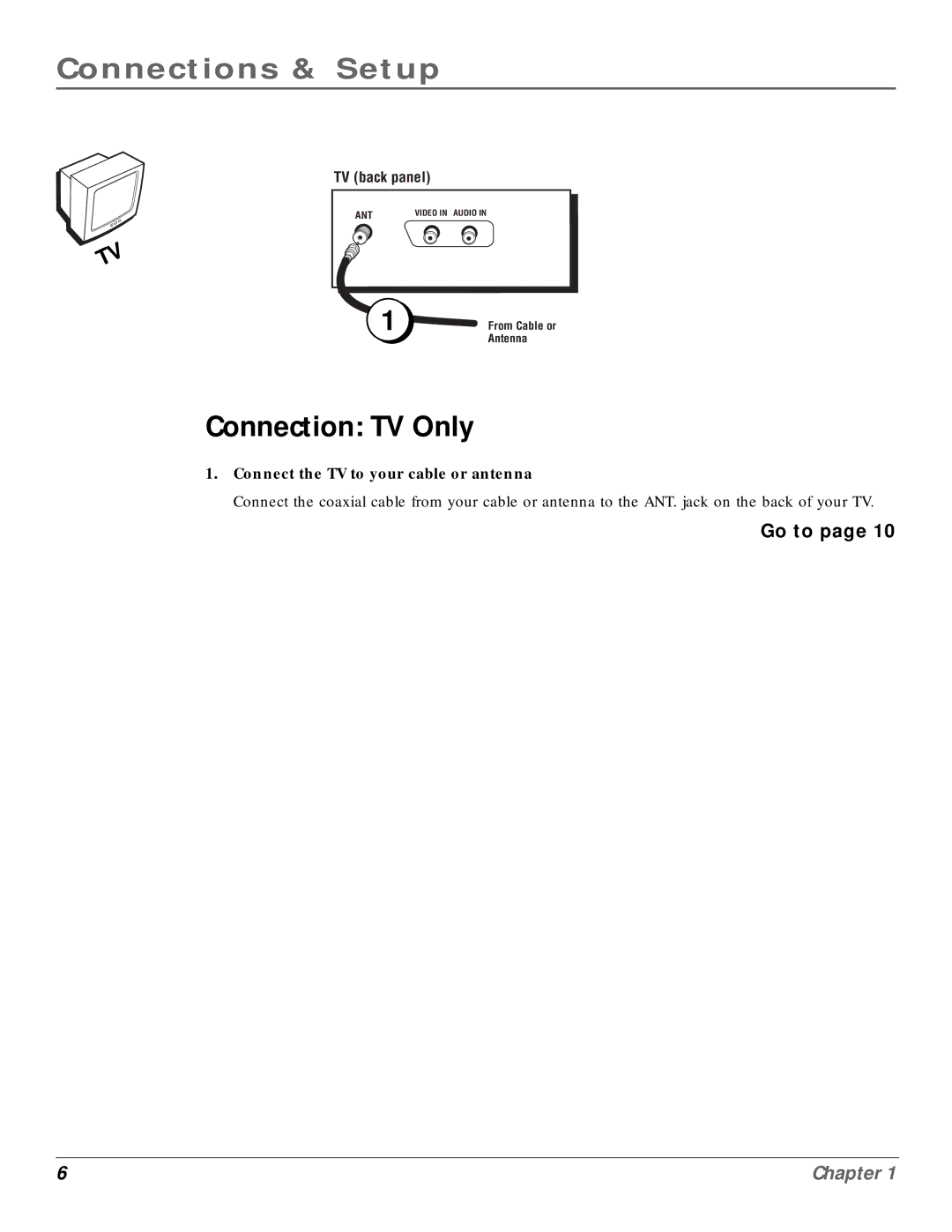 RCA MR14400, MR20400 manual Connection TV Only, Connect the TV to your cable or antenna 