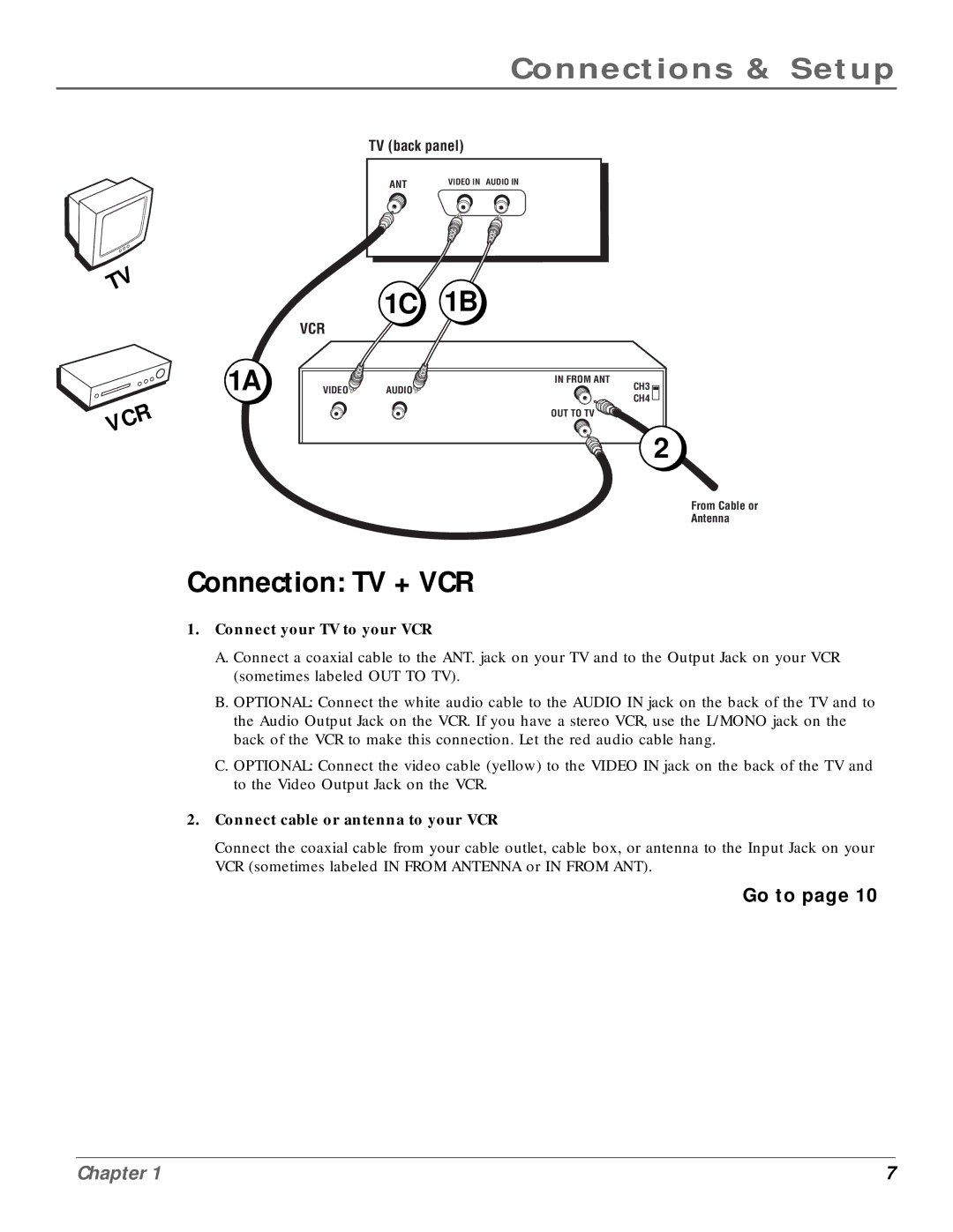 RCA MR14400, MR20400 manual Connection TV + VCR, Connect your TV to your VCR 