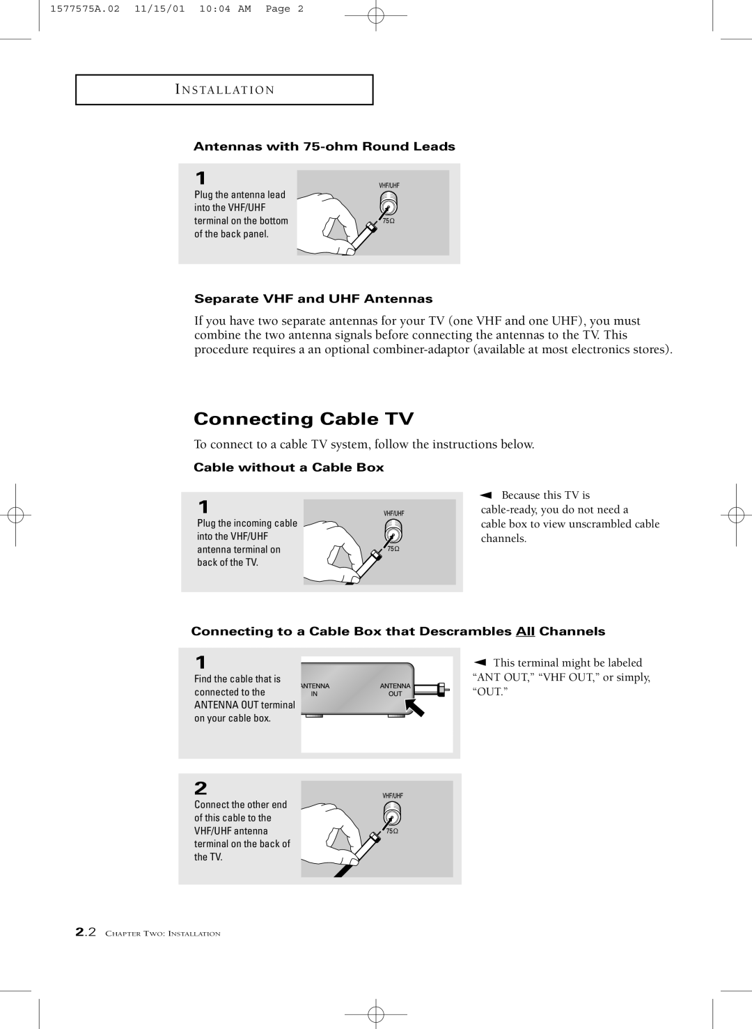 RCA MR29410 manual Connecting Cable TV, Antennas with 75-ohm Round Leads, Separate VHF and UHF Antennas 