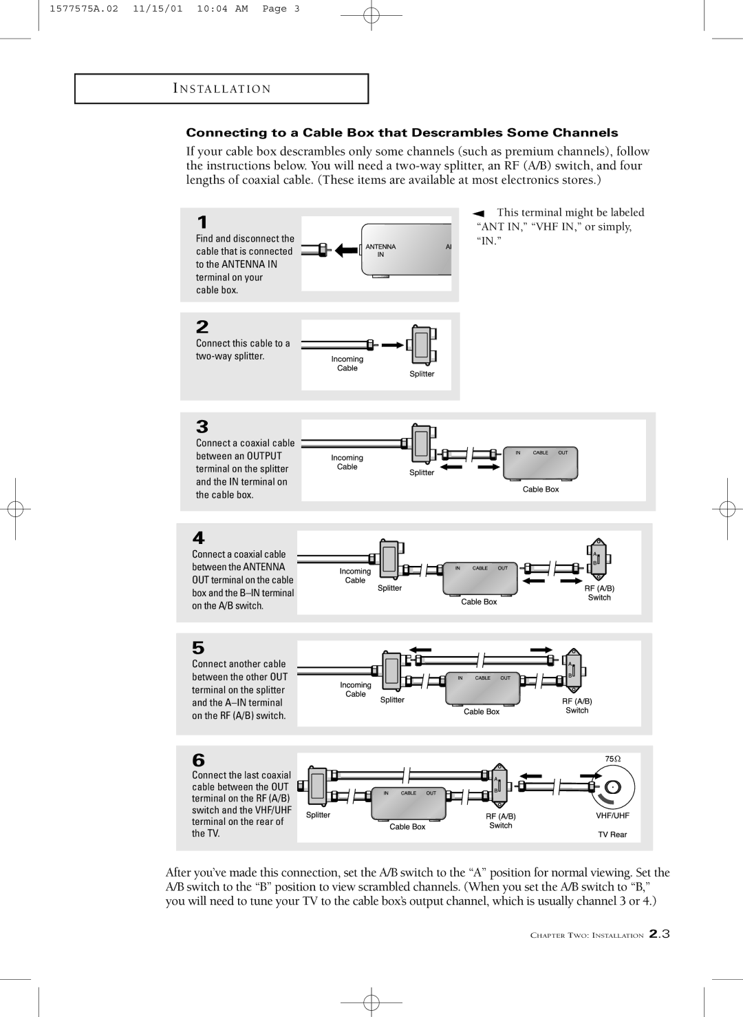 RCA MR29410 manual Connecting to a Cable Box that Descrambles Some Channels, ANT IN, VHF IN, or simply 