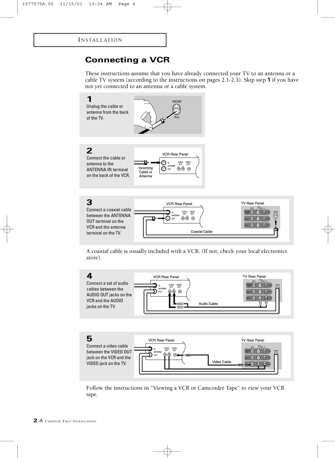 RCA MR29410 manual Connecting a VCR, Unplug the cable or antenna from the back of the TV 