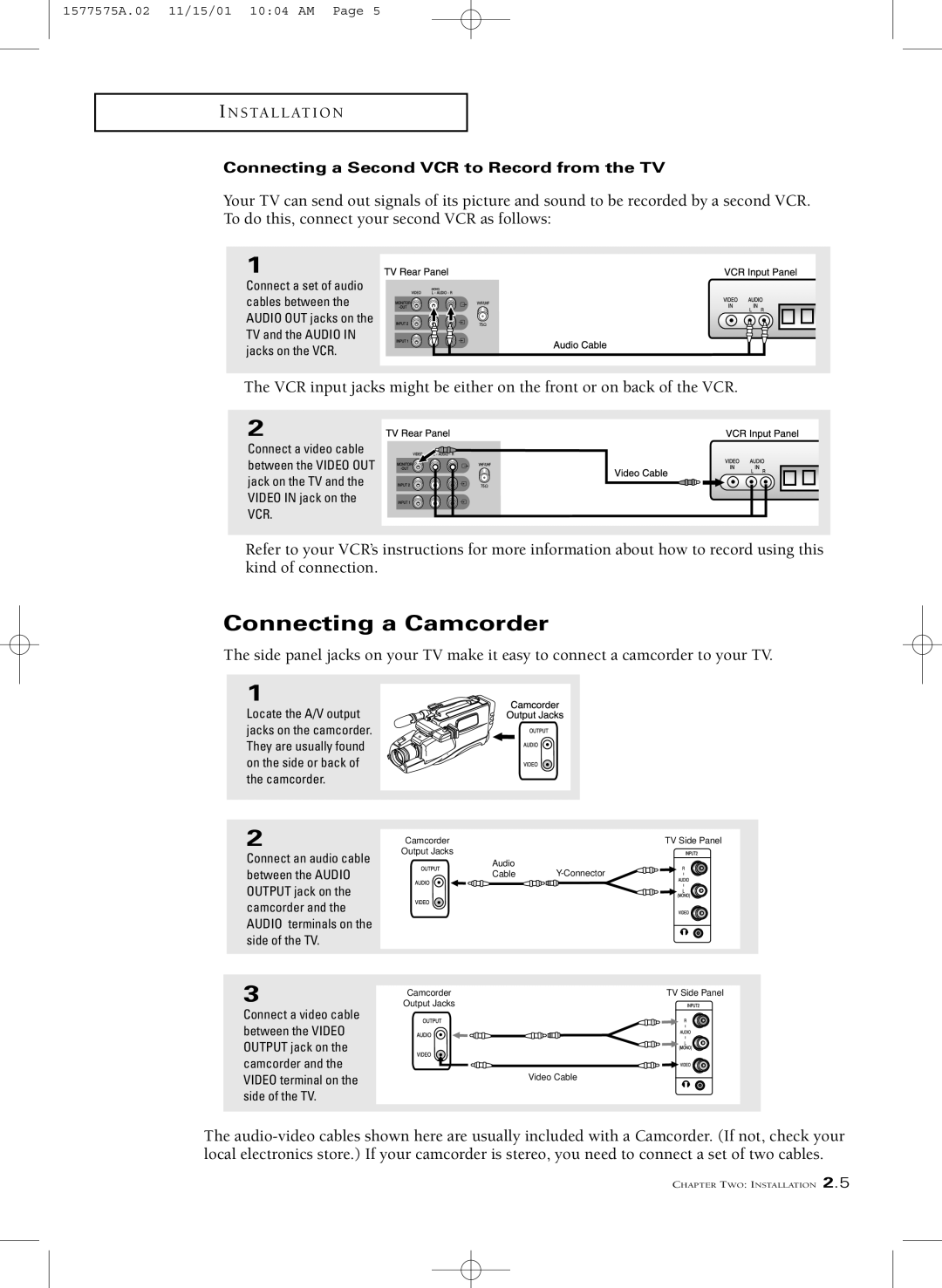 RCA MR29410 manual Connecting a Camcorder, Connecting a Second VCR to Record from the TV 