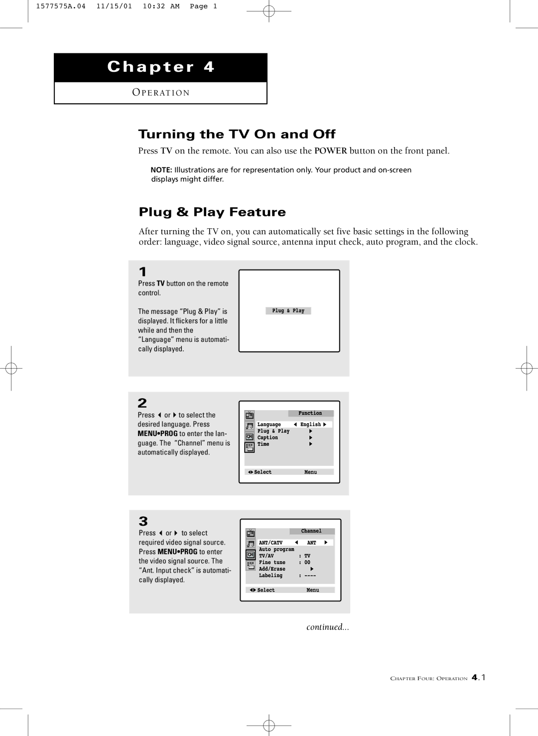 RCA MR29410 manual Turning the TV On and Off, Plug & Play Feature 