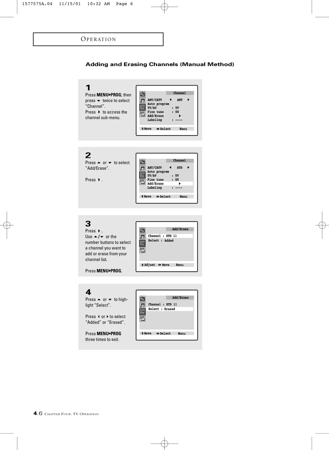 RCA MR29410 manual Adding and Erasing Channels Manual Method 