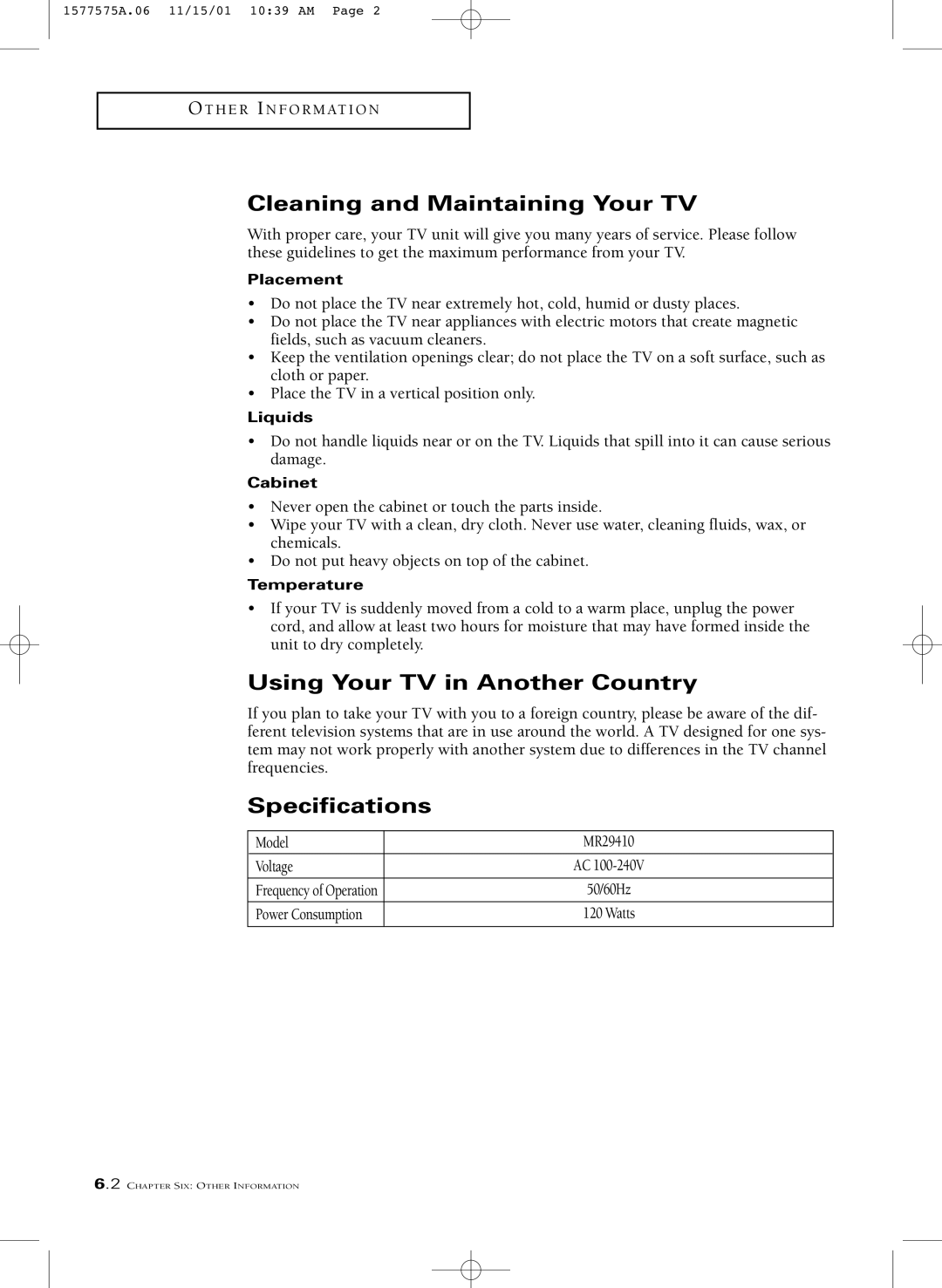 RCA MR29410 manual Cleaning and Maintaining Your TV, Using Your TV in Another Country, Specifications 