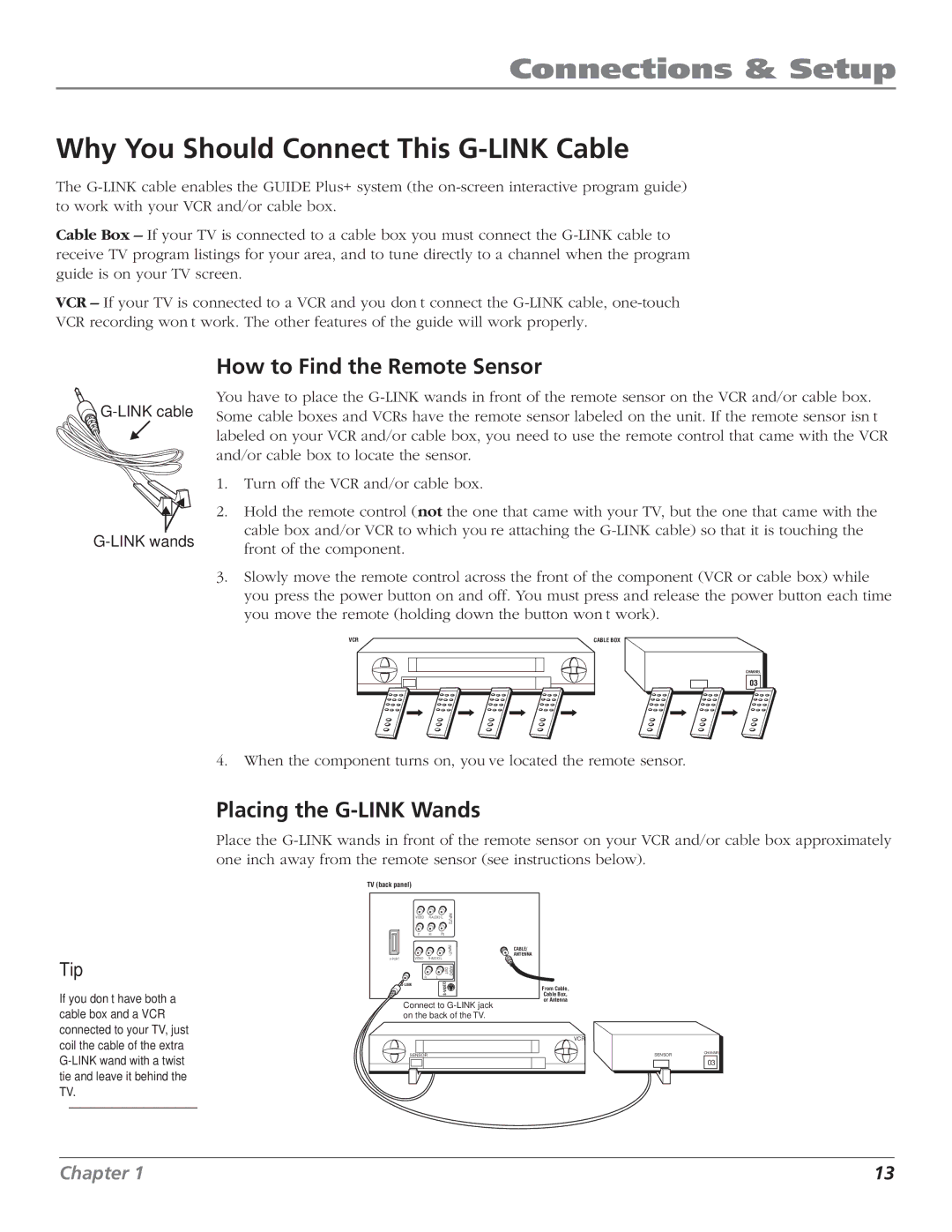 RCA MR68TF700 manual Why You Should Connect This G-LINK Cable, How to Find the Remote Sensor, Placing the G-LINK Wands 