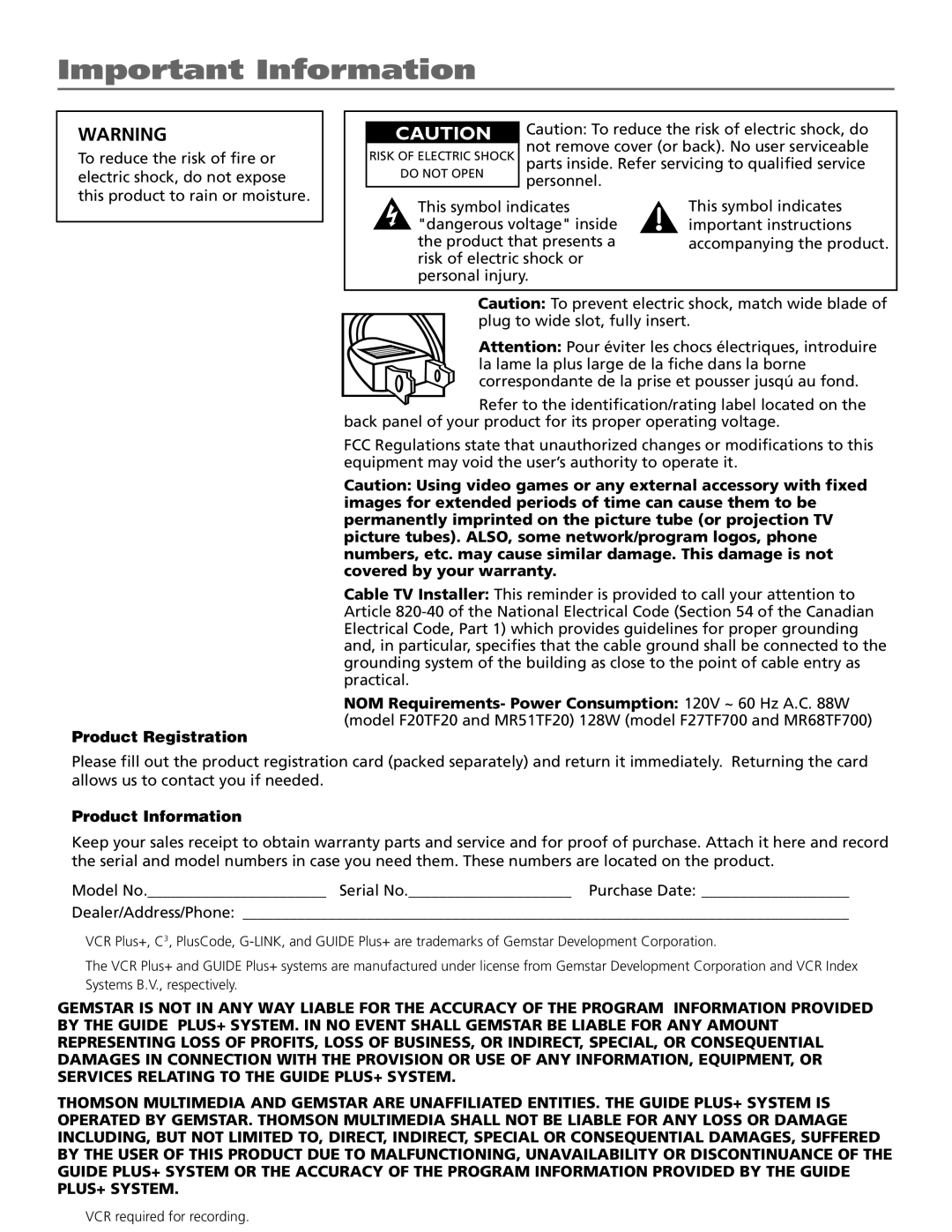 RCA MR68TF700 manual Important Information, Product Registration 