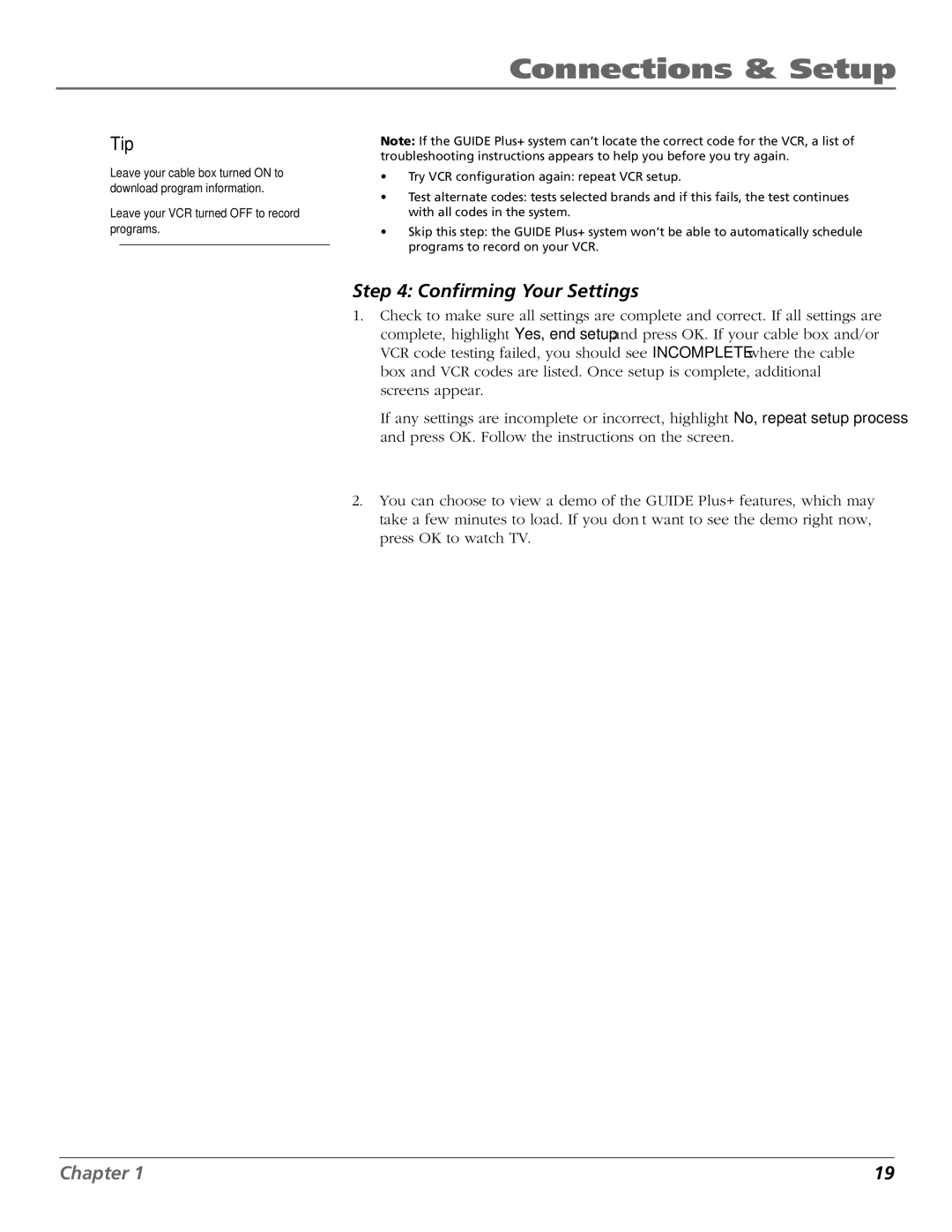 RCA MR68TF700 manual Confirming Your Settings 