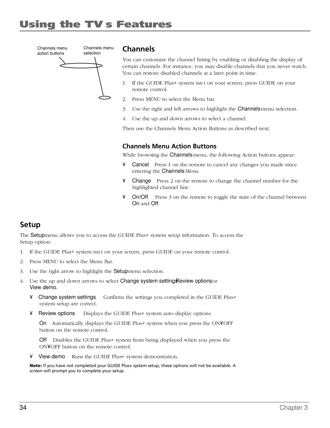 RCA MR68TF700 manual Setup, Channels Menu Action Buttons 