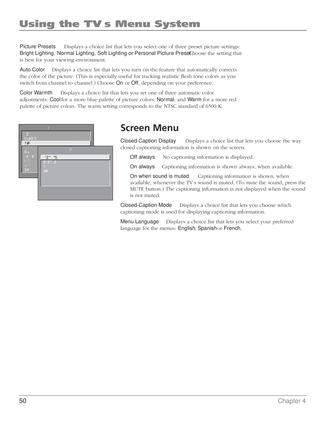 RCA MR68TF700 manual Screen Menu 