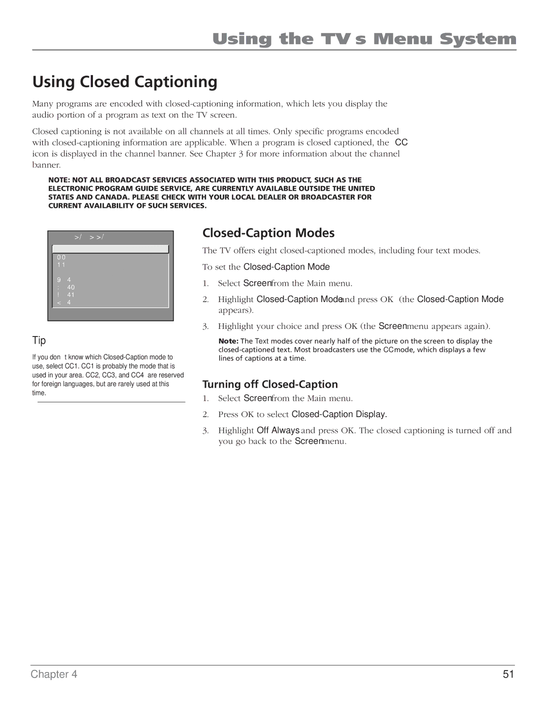 RCA MR68TF700 manual Using Closed Captioning, Closed-Caption Modes, Turning off Closed-Caption 