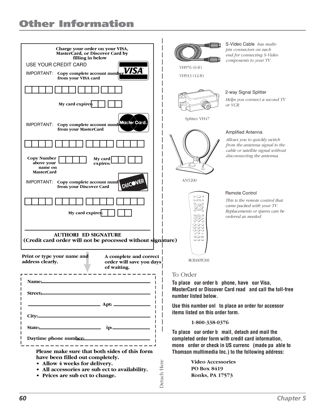 RCA MR68TF700 manual To Order, USE Your Credit Card 