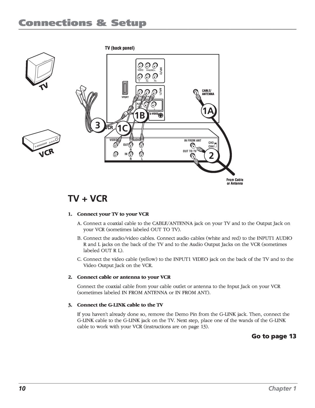 RCA MR68TF700 manual Tv + Vcr, Connections & Setup, Go to page, Chapter, Connect your TV to your VCR 
