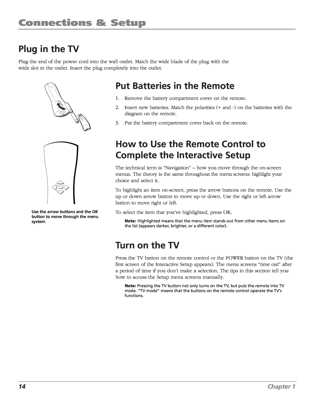 RCA MR68TF700 Plug in the TV, Put Batteries in the Remote, How to Use the Remote Control to Complete the Interactive Setup 