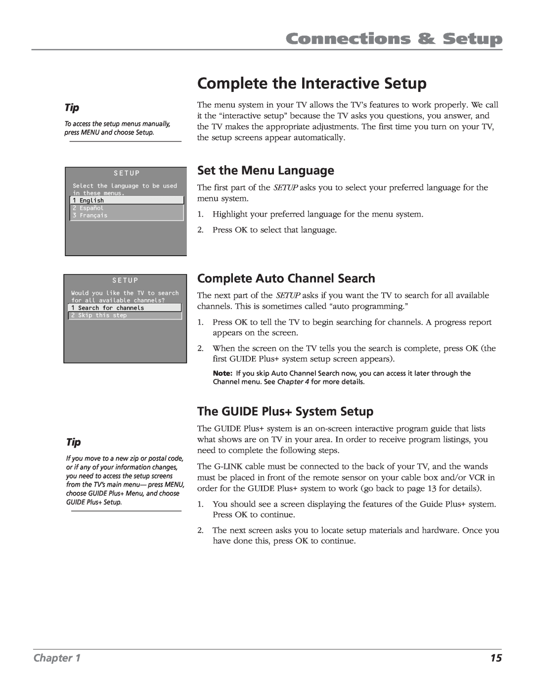 RCA MR68TF700 Complete the Interactive Setup, Set the Menu Language, Complete Auto Channel Search, Connections & Setup 