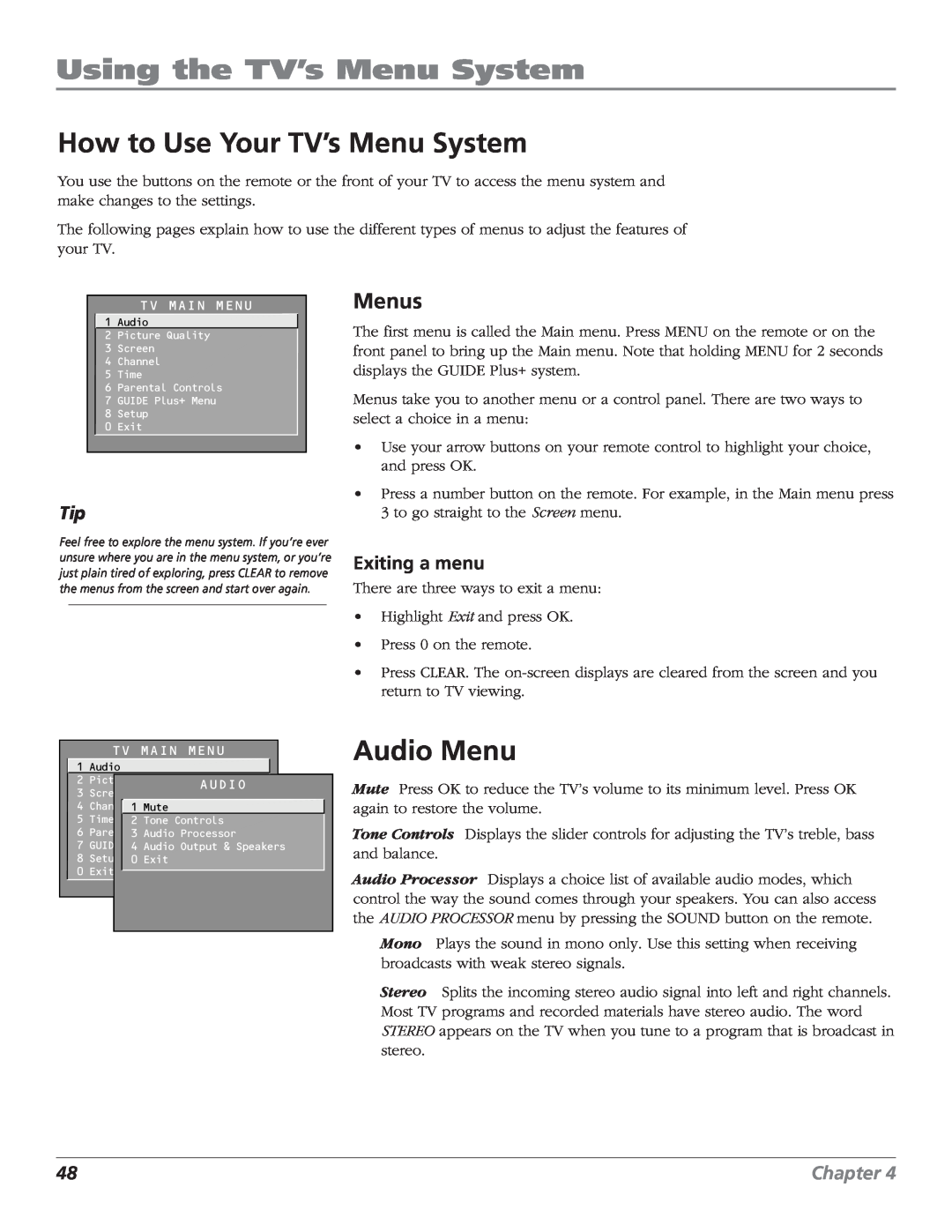 RCA MR68TF700 Using the TV’s Menu System, How to Use Your TV’s Menu System, Audio Menu, Menus, Exiting a menu, Chapter 