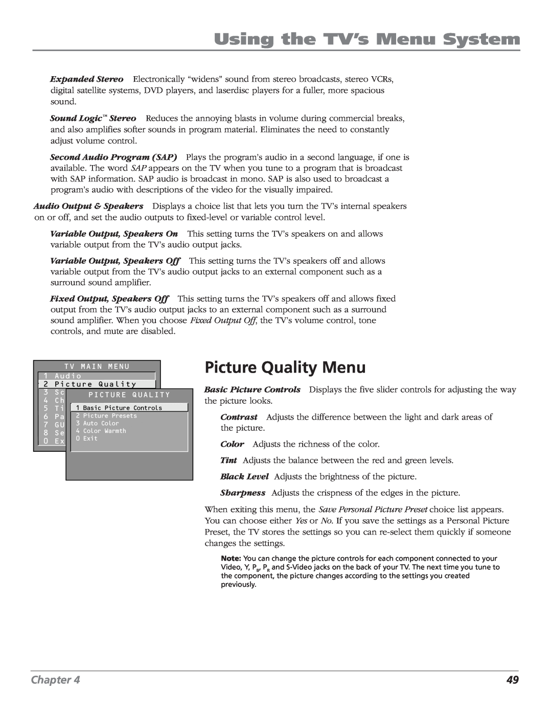RCA MR68TF700 manual Picture Quality Menu, Using the TV’s Menu System, Chapter 