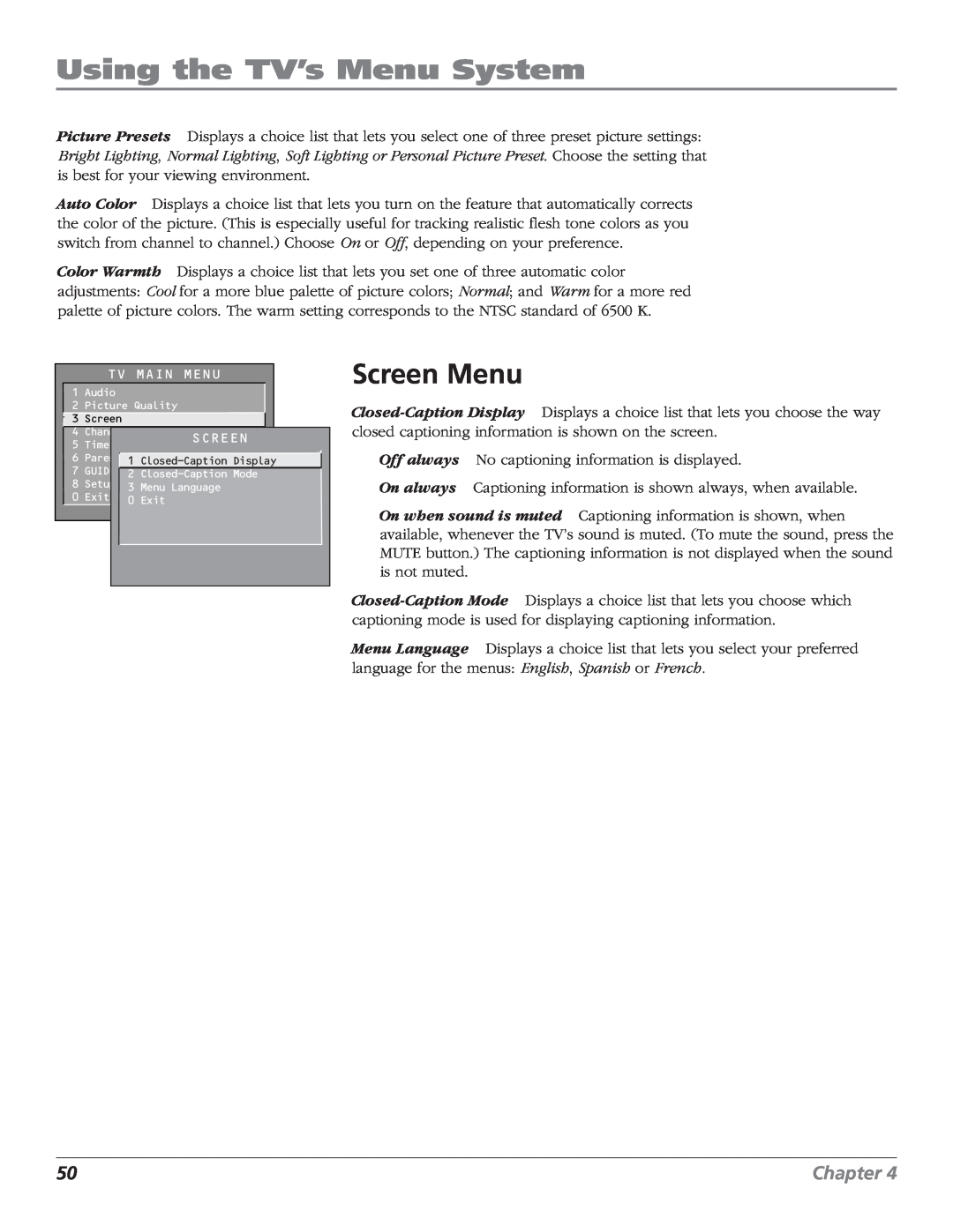 RCA MR68TF700 manual Screen Menu, Using the TV’s Menu System, Chapter 