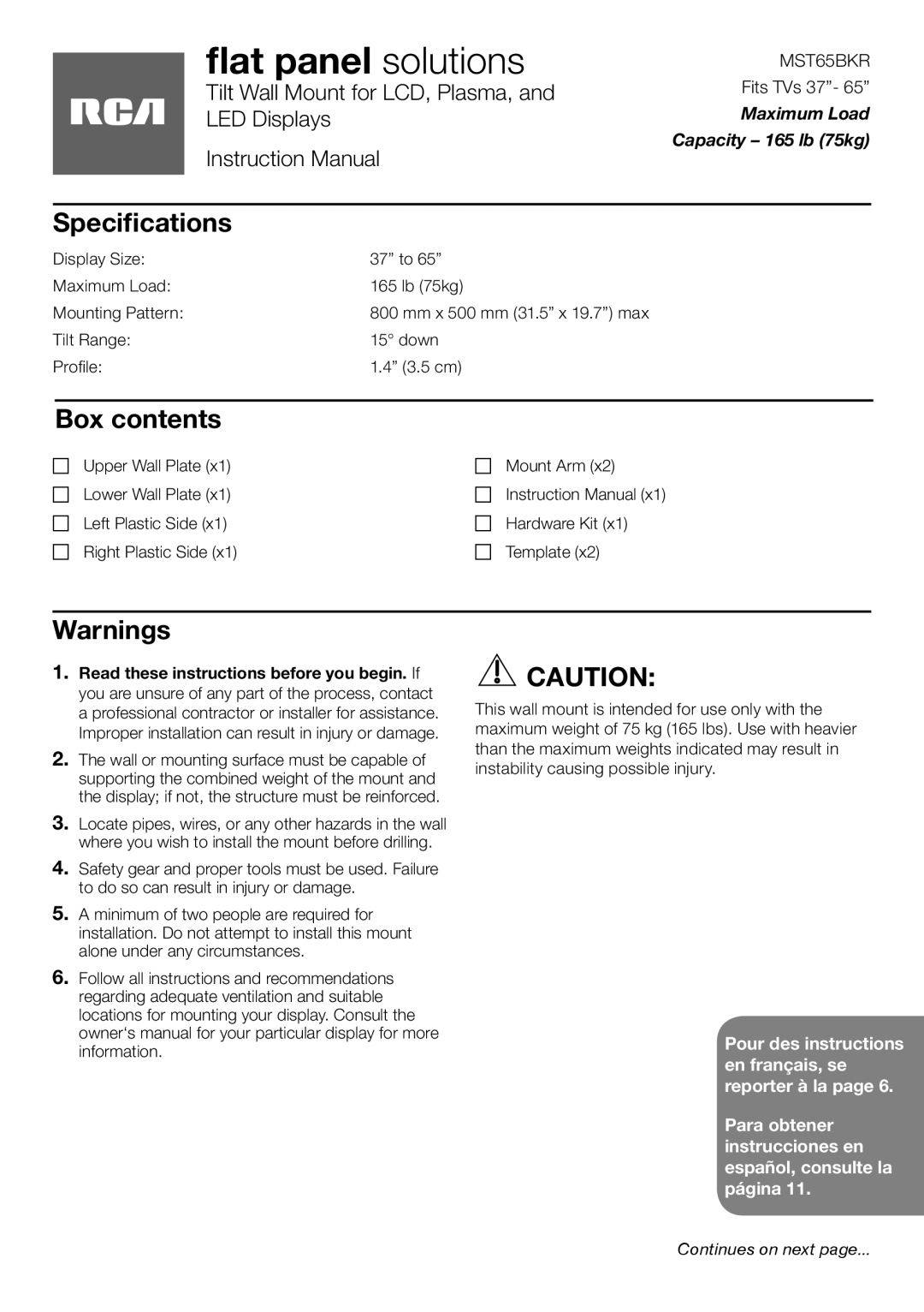 RCA MST65BKR specifications Speciﬁcations, Box contents 