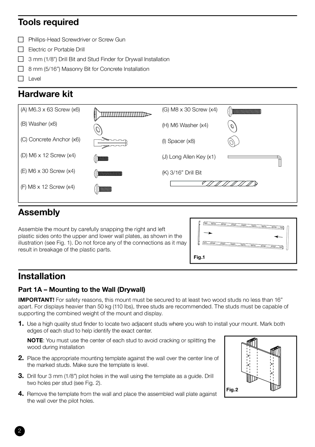 RCA MST65BKR specifications Tools required, Hardware kit, Assembly, Installation, Part 1A Mounting to the Wall Drywall 