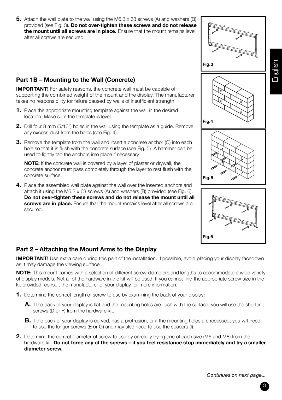 RCA MST65BKR specifications Part 1B Mounting to the Wall Concrete, Part 2 Attaching the Mount Arms to the Display 