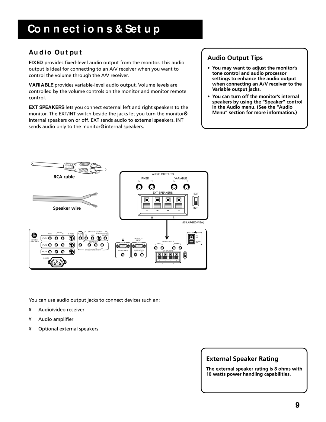 RCA MultiMedia Monitor manual Audio Output Tips, External Speaker Rating, RCA cable, Speaker wire 