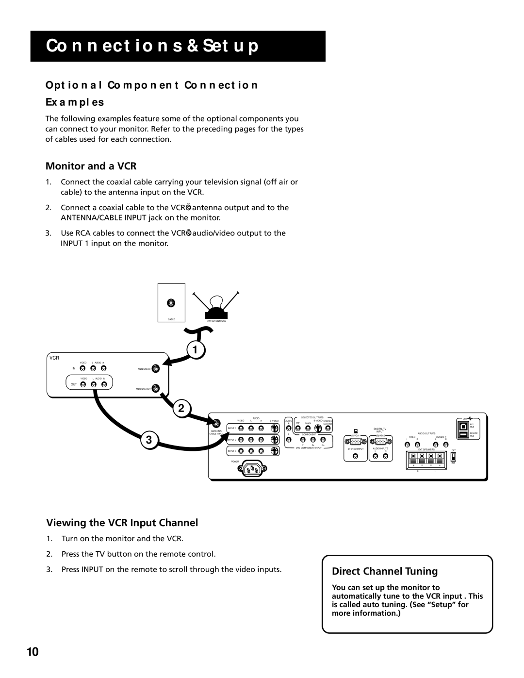 RCA MultiMedia Monitor manual Optional Component Connection Examples, Monitor and a VCR, Viewing the VCR Input Channel 