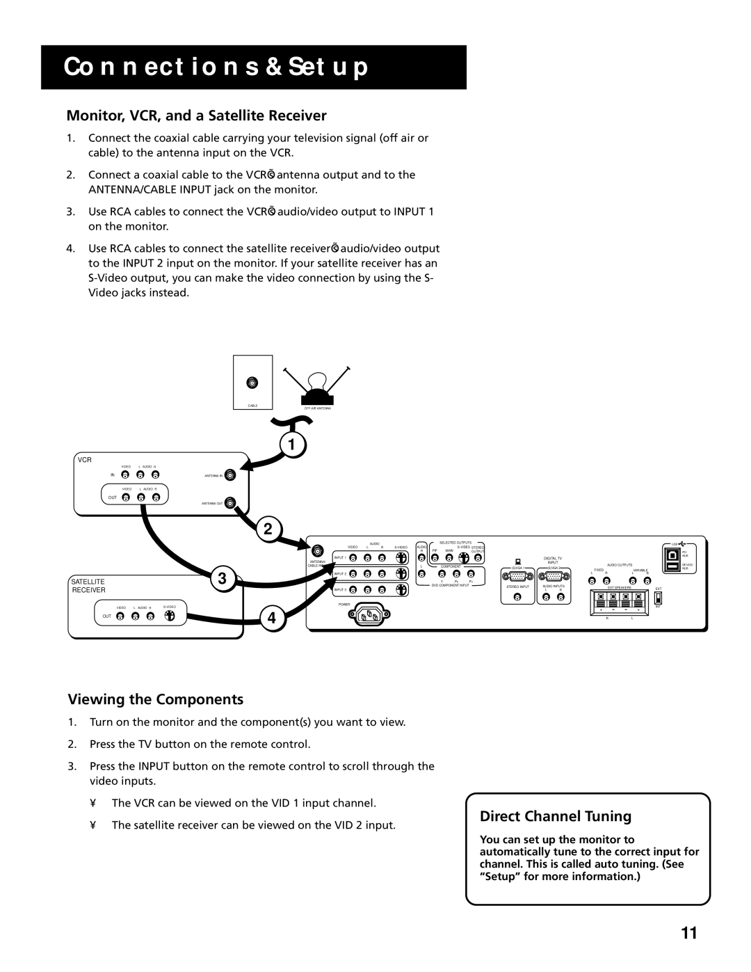 RCA MultiMedia Monitor manual Monitor, VCR, and a Satellite Receiver, Viewing the Components 