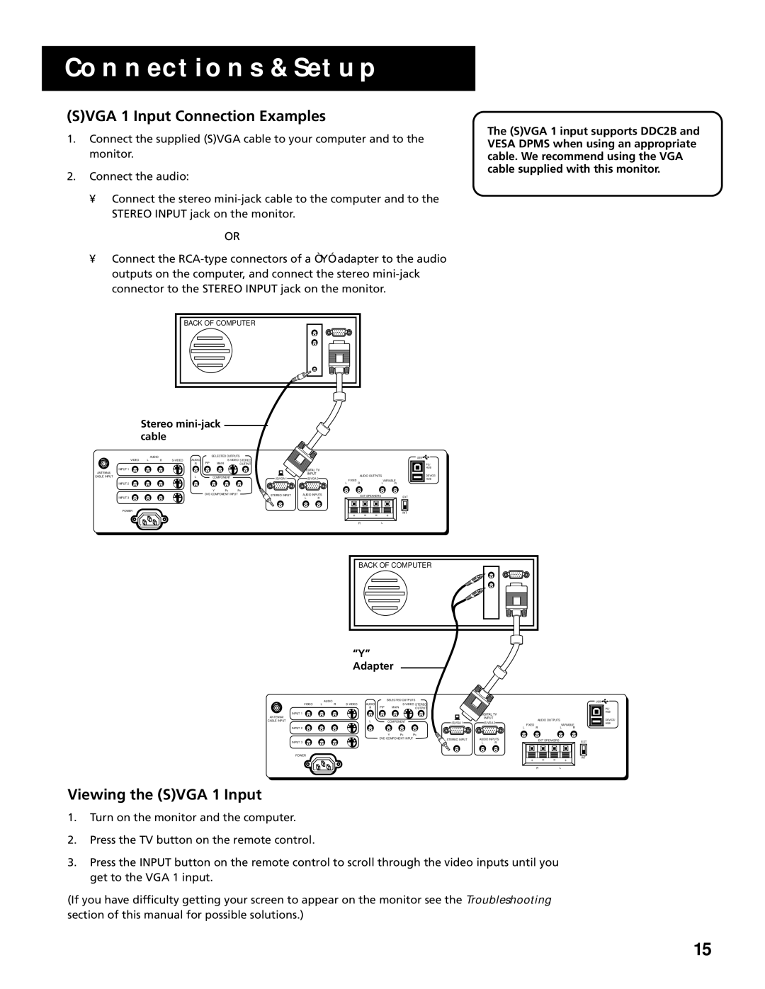 RCA MultiMedia Monitor manual Svga 1 Input Connection Examples, Viewing the Svga 1 Input, Adapter 