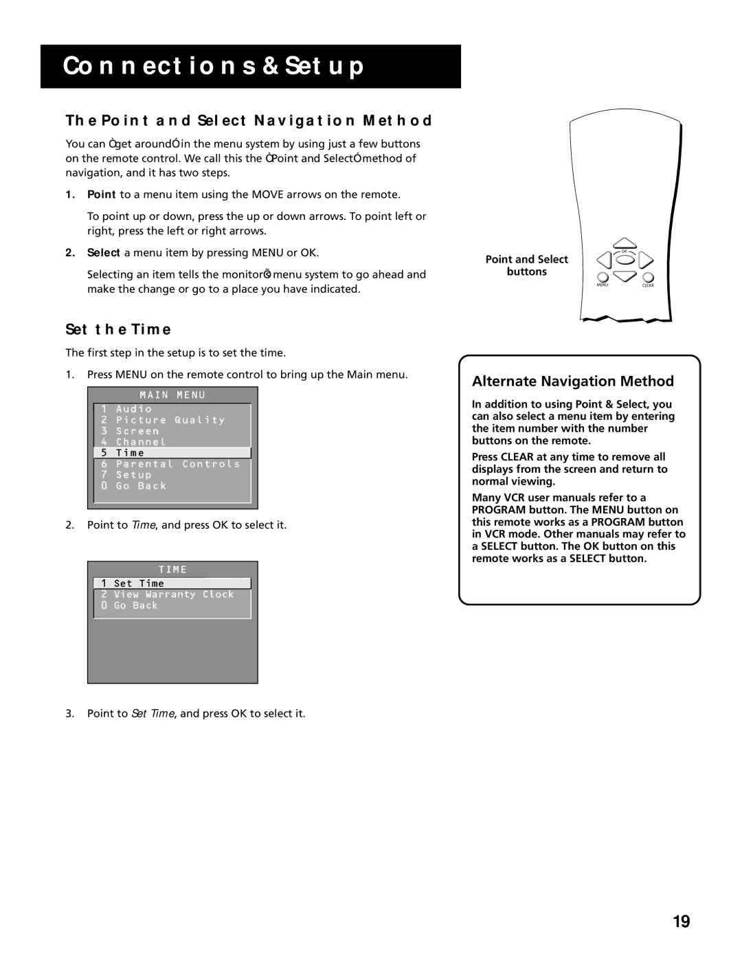 RCA MultiMedia Monitor manual Point and Select Navigation Method, SET the Time, Alternate Navigation Method 