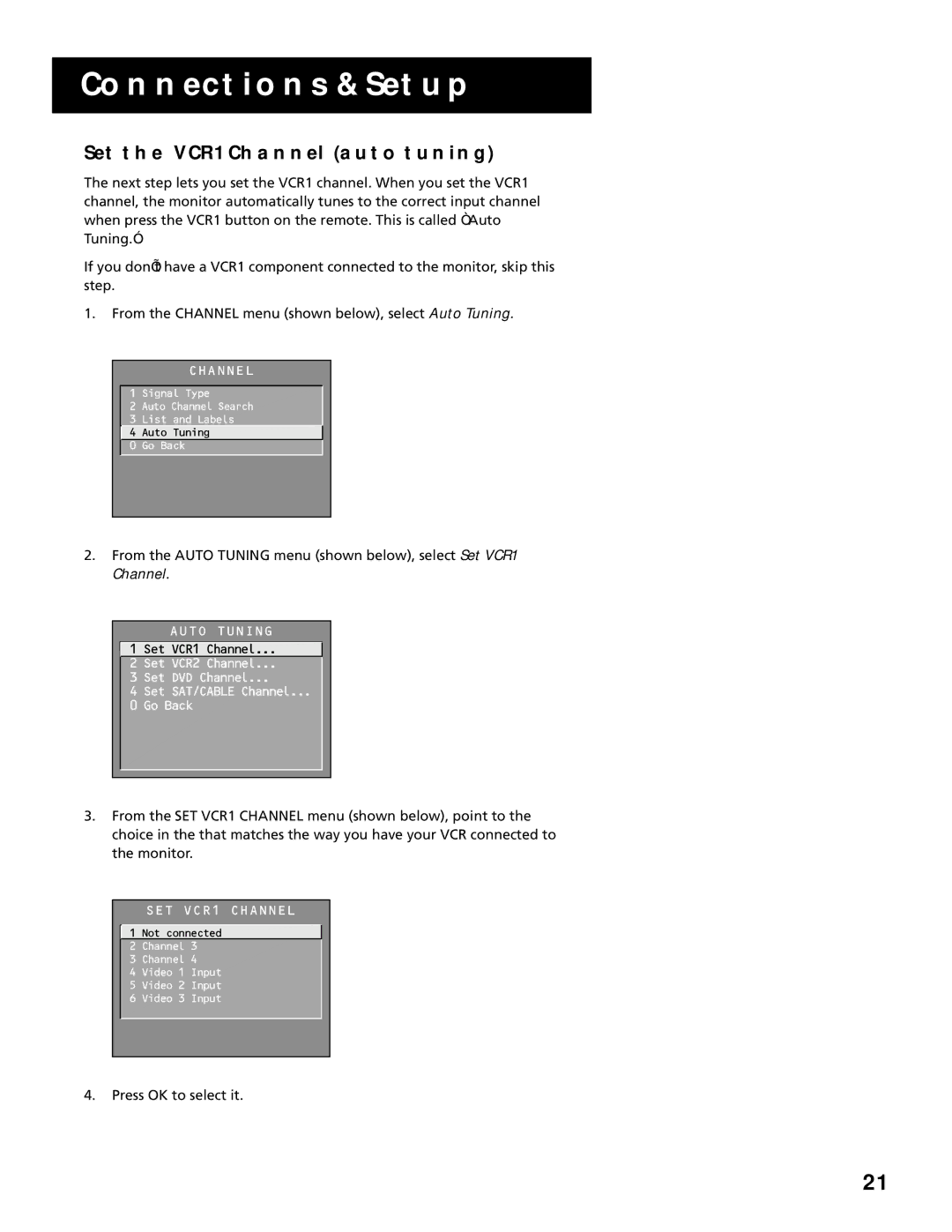 RCA MultiMedia Monitor manual SET the VCR1 Channel Auto Tuning 