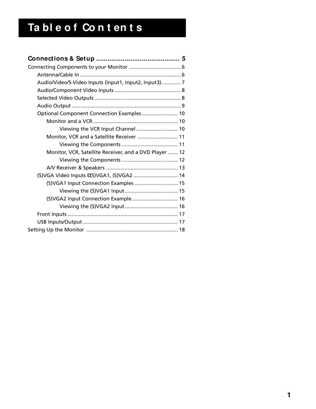 RCA MultiMedia Monitor manual Table of Contents 