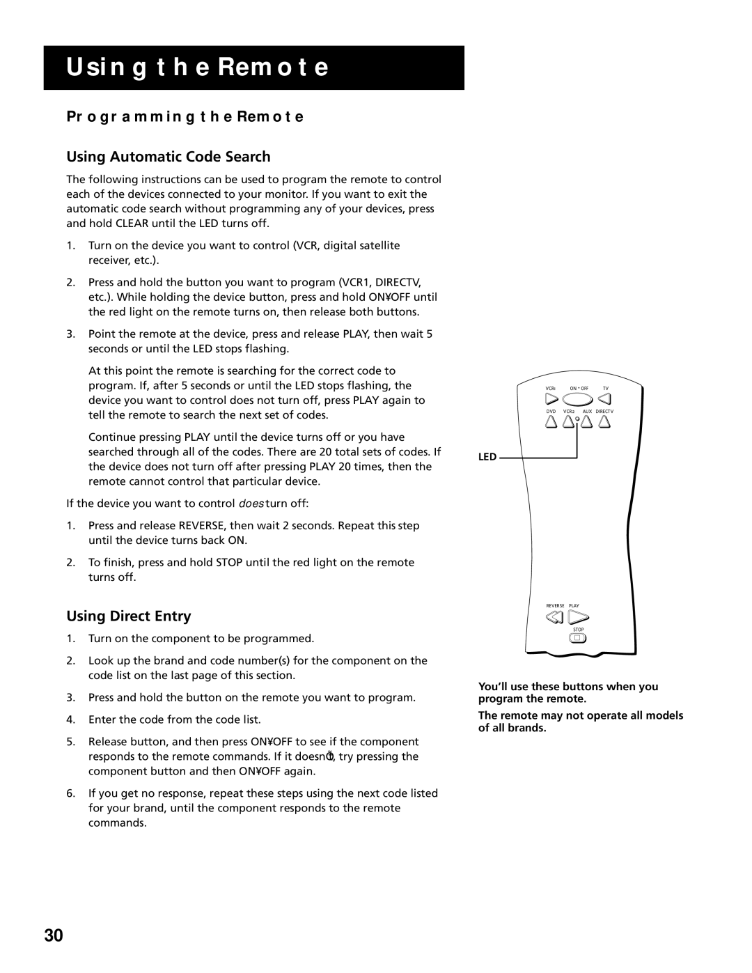 RCA MultiMedia Monitor manual Programming the Remote, Using Automatic Code Search, Using Direct Entry 