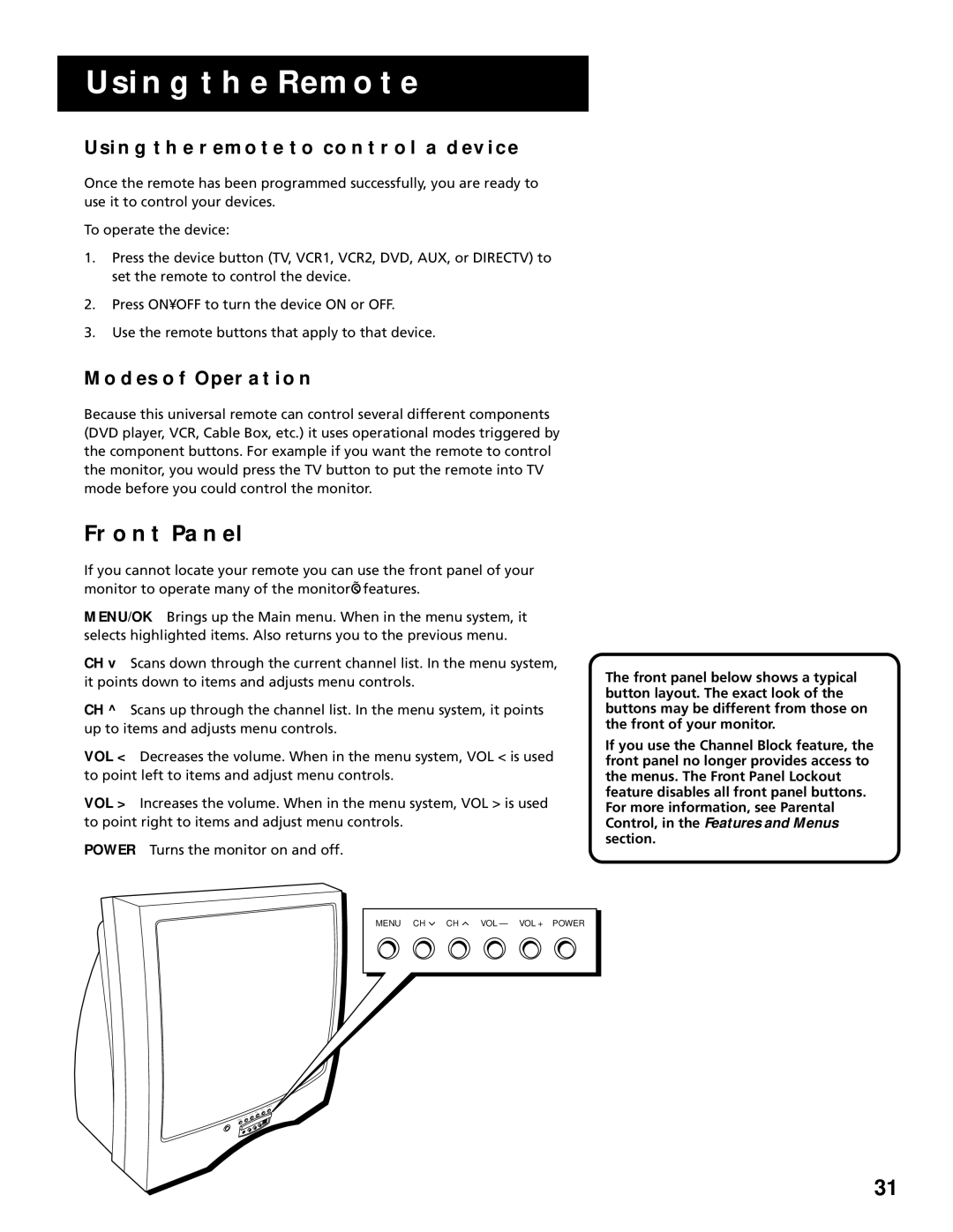 RCA MultiMedia Monitor manual Front Panel, Using the Remote to Control a Device, Modes of Operation 