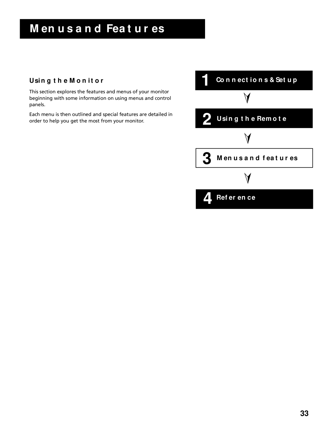 RCA MultiMedia Monitor manual Using the Monitor, Menus and Features 