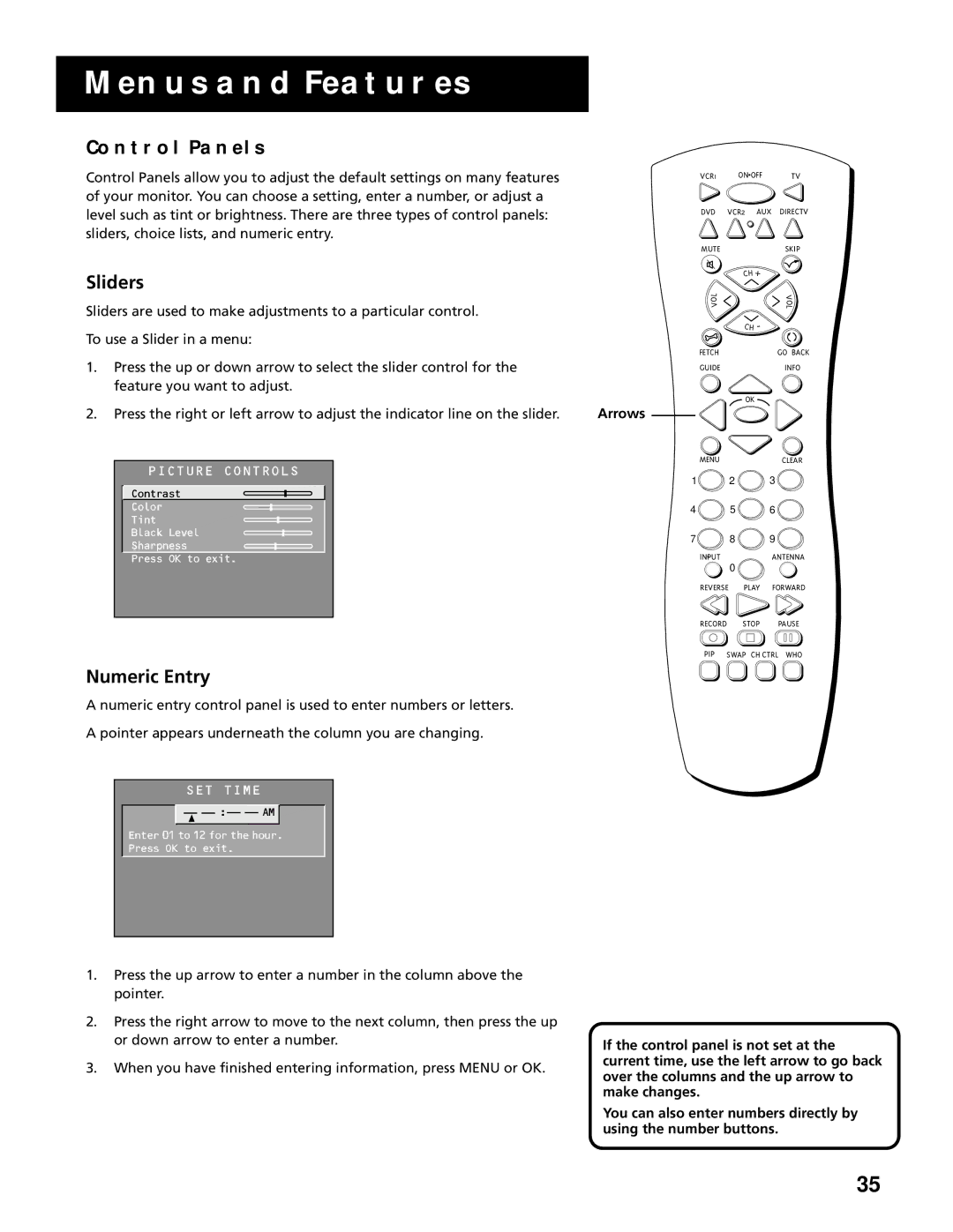 RCA MultiMedia Monitor manual Control Panels, Sliders, Numeric Entry 