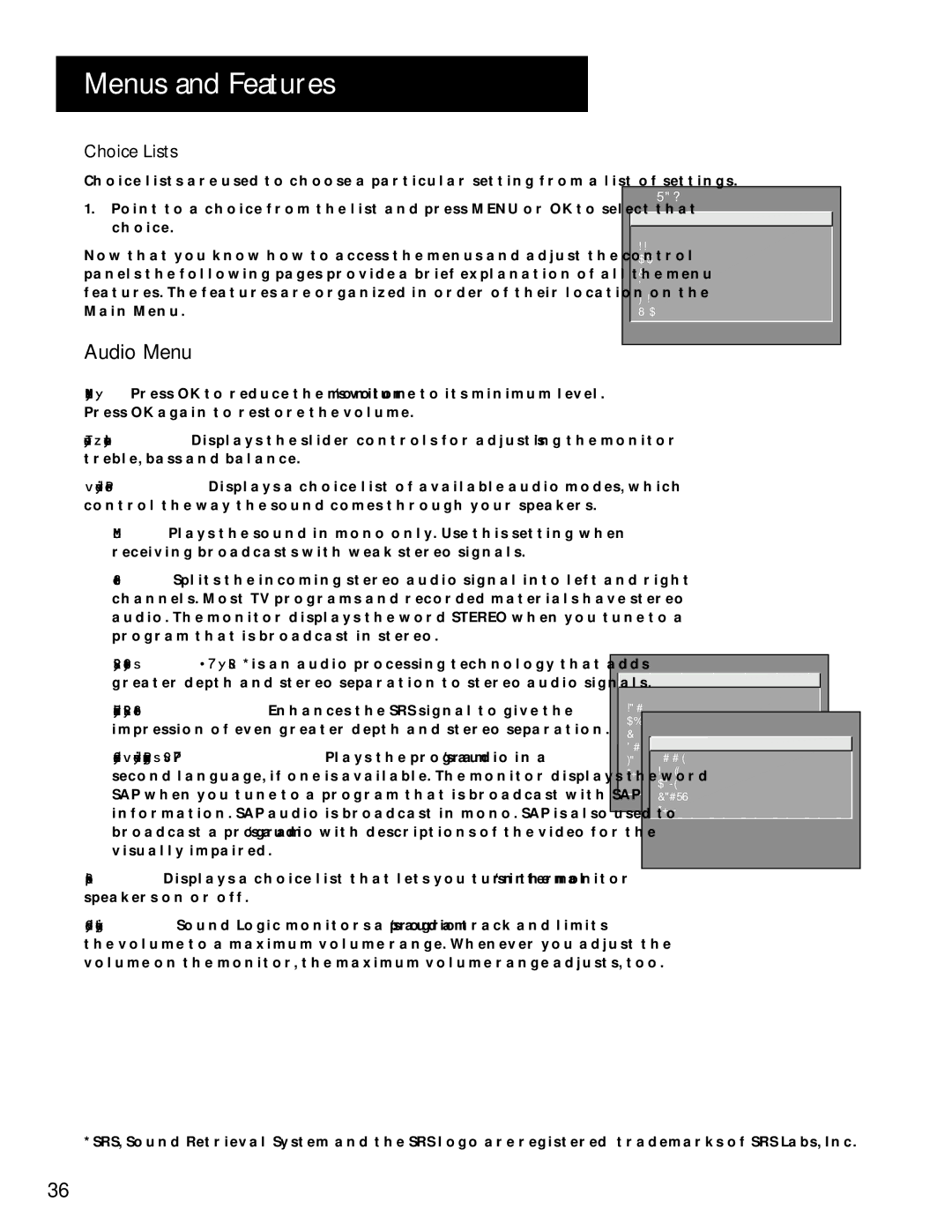 RCA MultiMedia Monitor manual Audio Menu, Choice Lists 