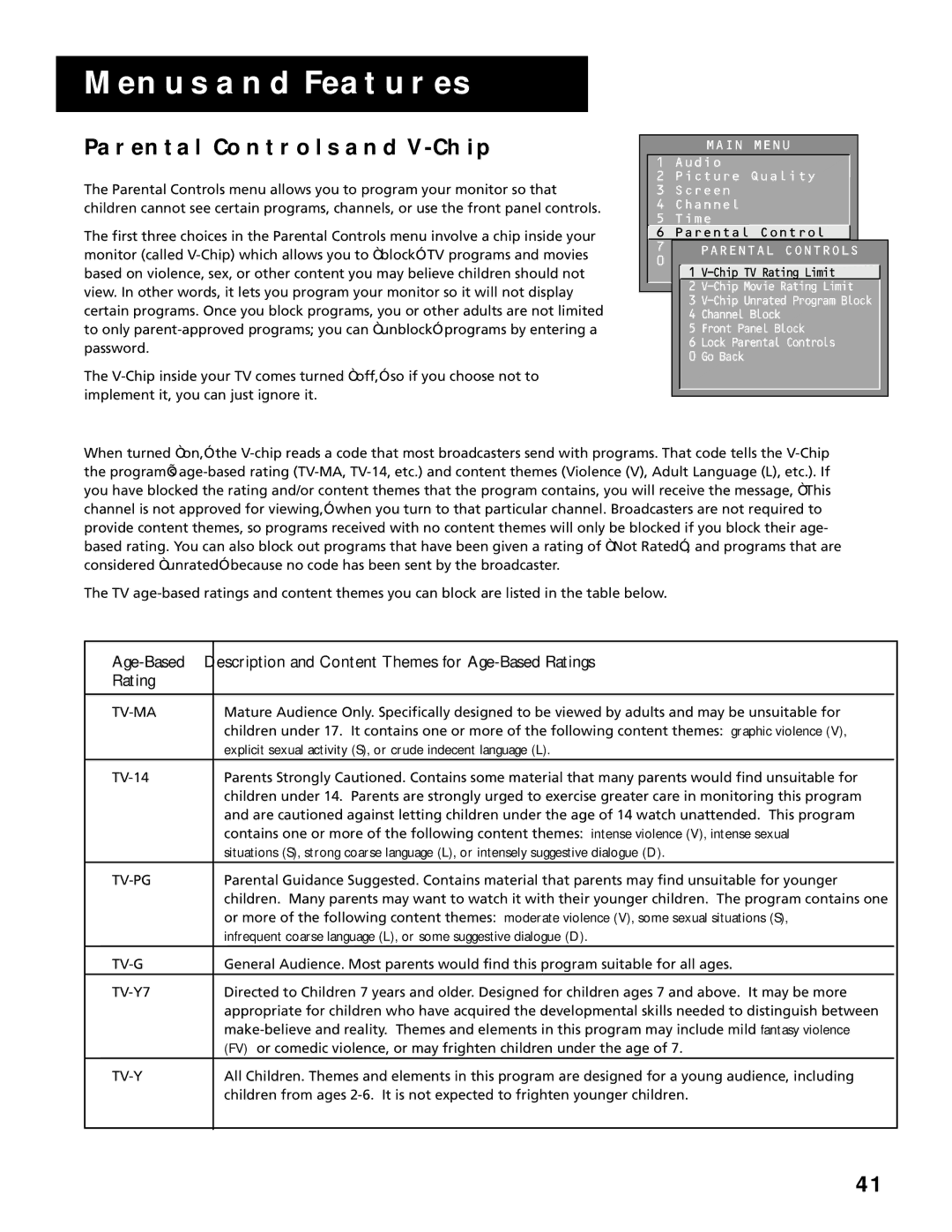 RCA MultiMedia Monitor manual Parental Controls and V-CHIP 