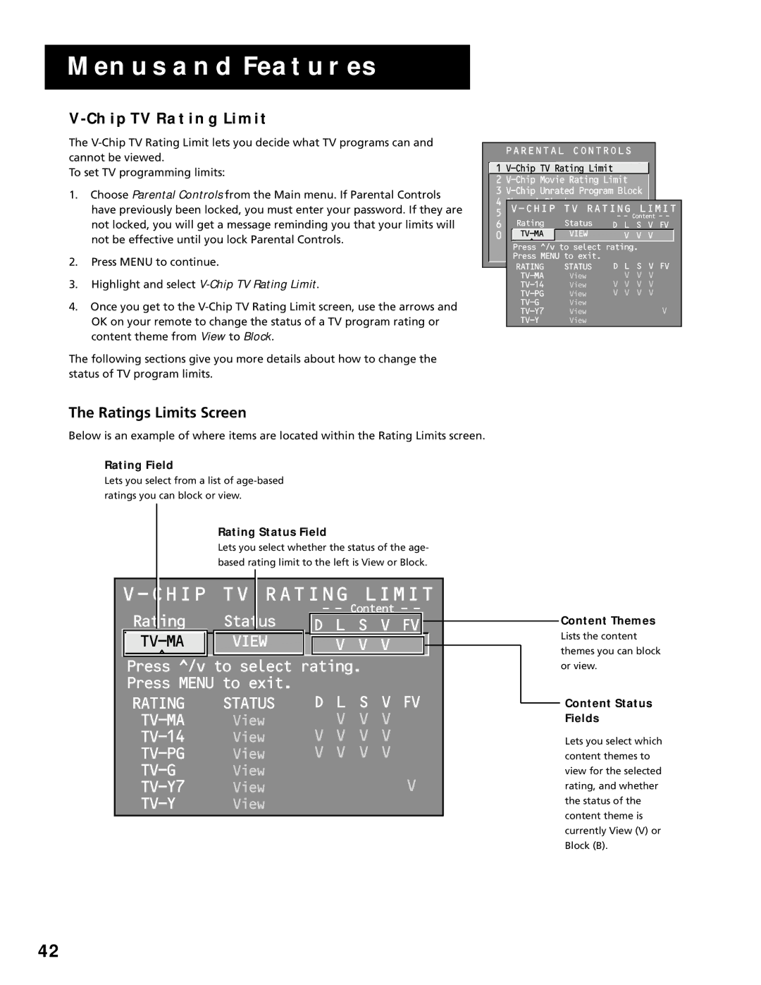 RCA MultiMedia Monitor manual Chip TV Rating Limit, Ratings Limits Screen 