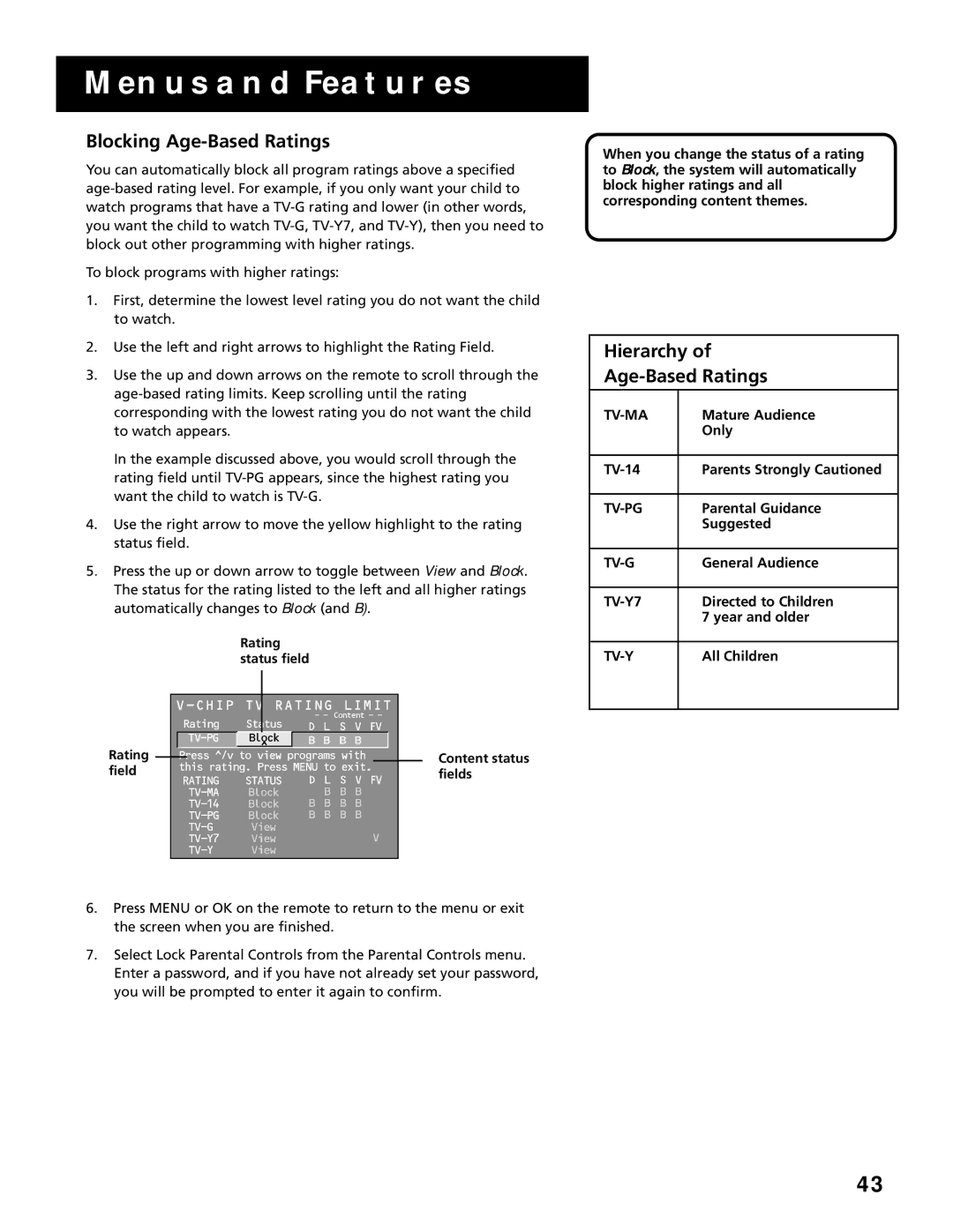 RCA MultiMedia Monitor manual Blocking Age-Based Ratings, Hierarchy Age-Based Ratings 