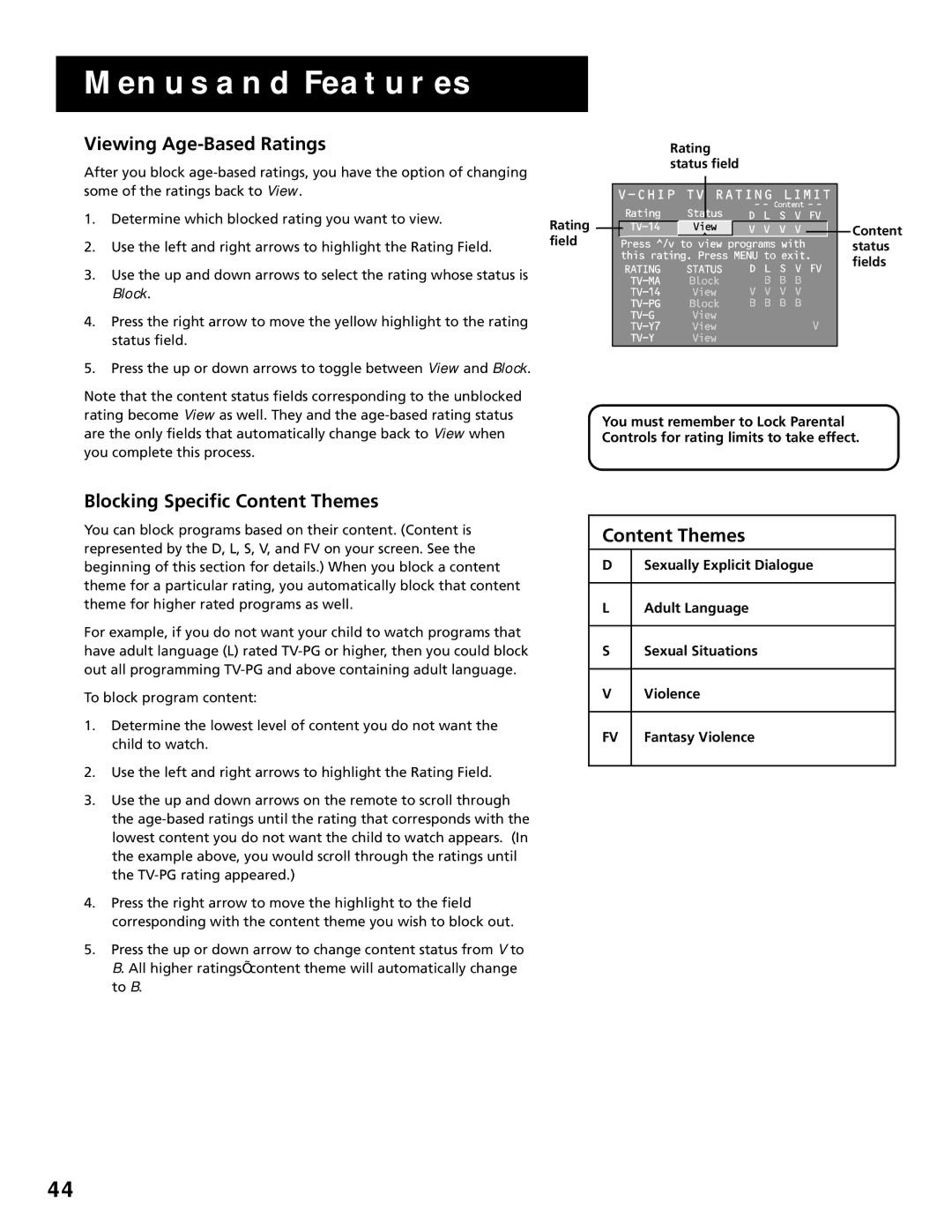 RCA MultiMedia Monitor Viewing Age-Based Ratings, Blocking Specific Content Themes, Rating status field, Fantasy Violence 