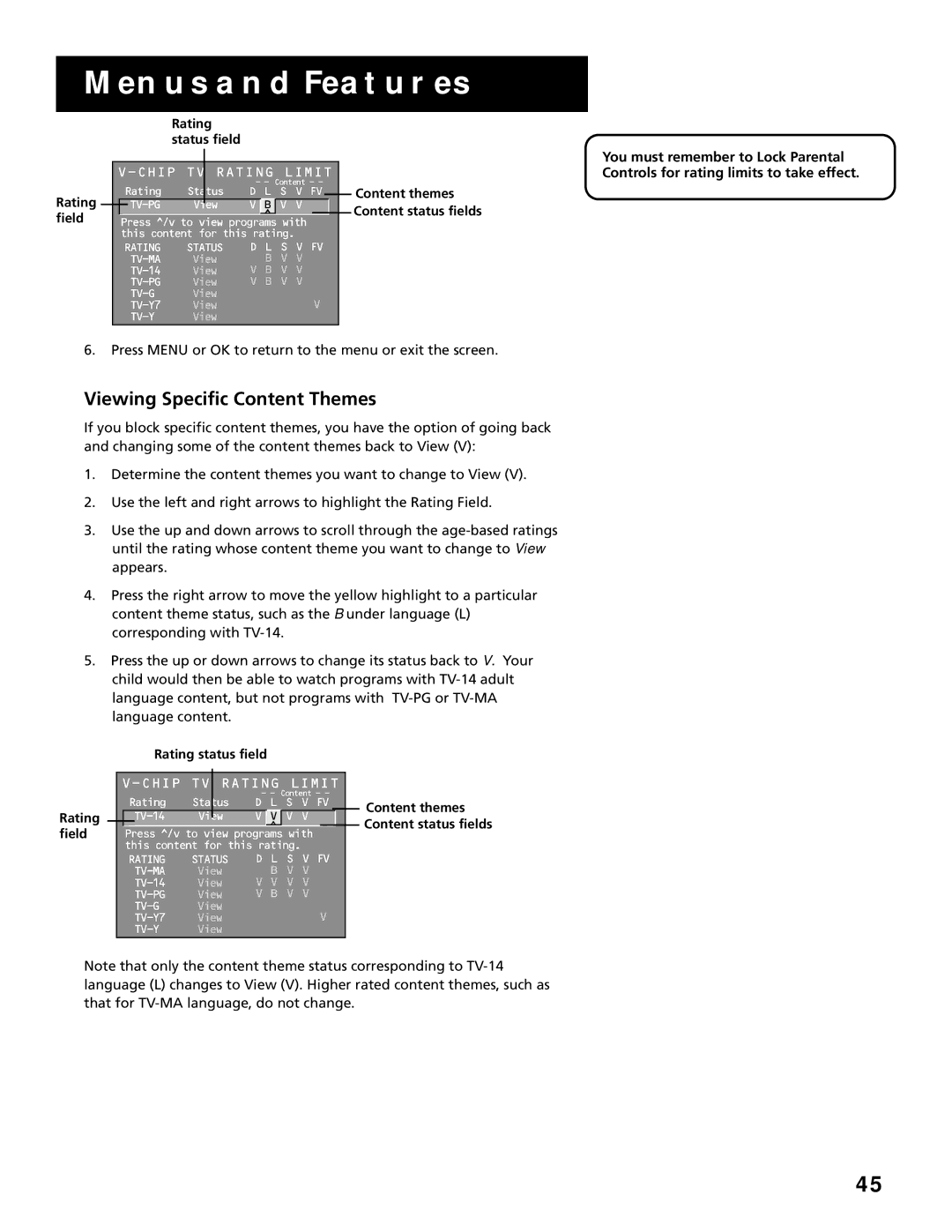 RCA MultiMedia Monitor manual Viewing Specific Content Themes, Rating field Rating status field 