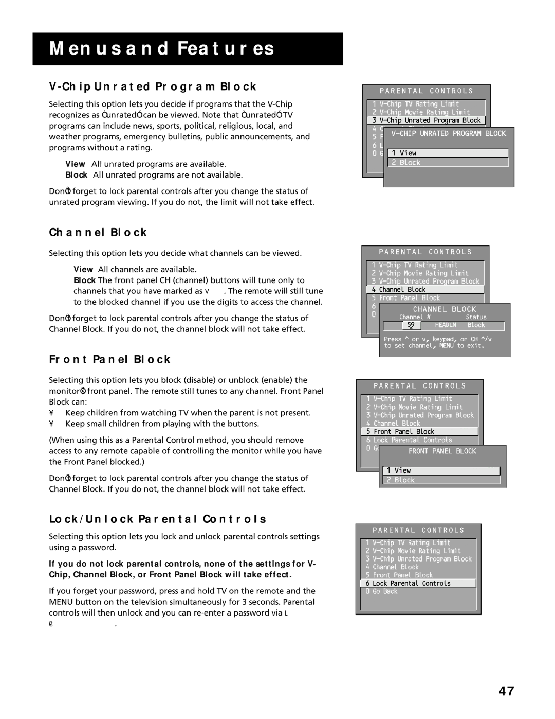RCA MultiMedia Monitor manual Chip Unrated Program Block, Channel Block, Front Panel Block, LOCK/UNLOCK Parental Controls 