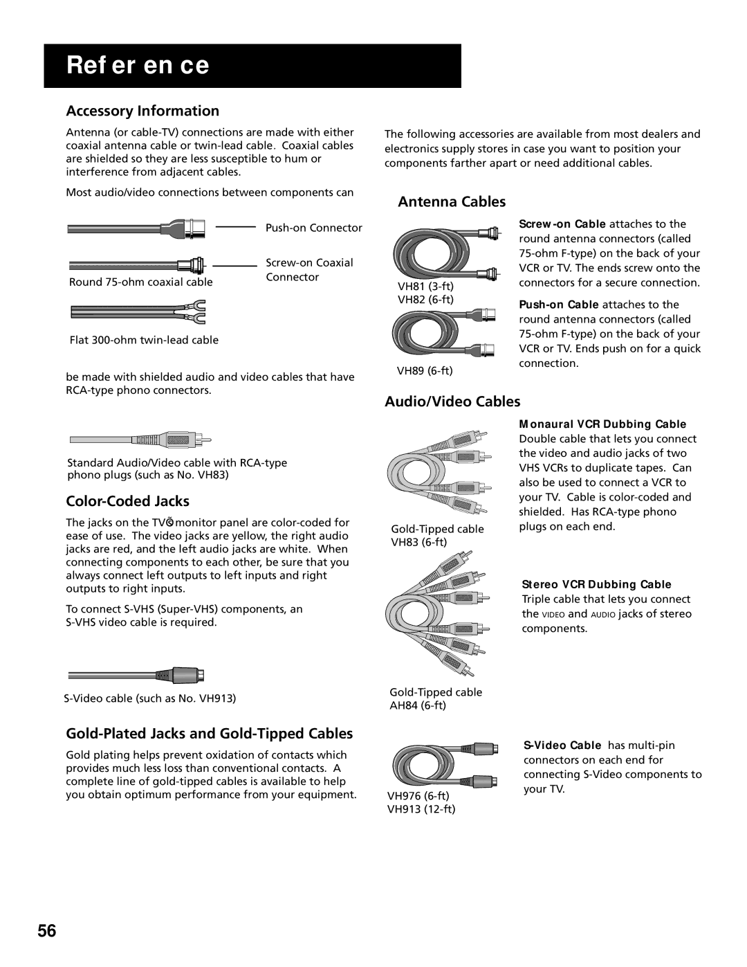 RCA MultiMedia Monitor manual Accessory Information, Antenna Cables, Audio/Video Cables, Color-Coded Jacks 