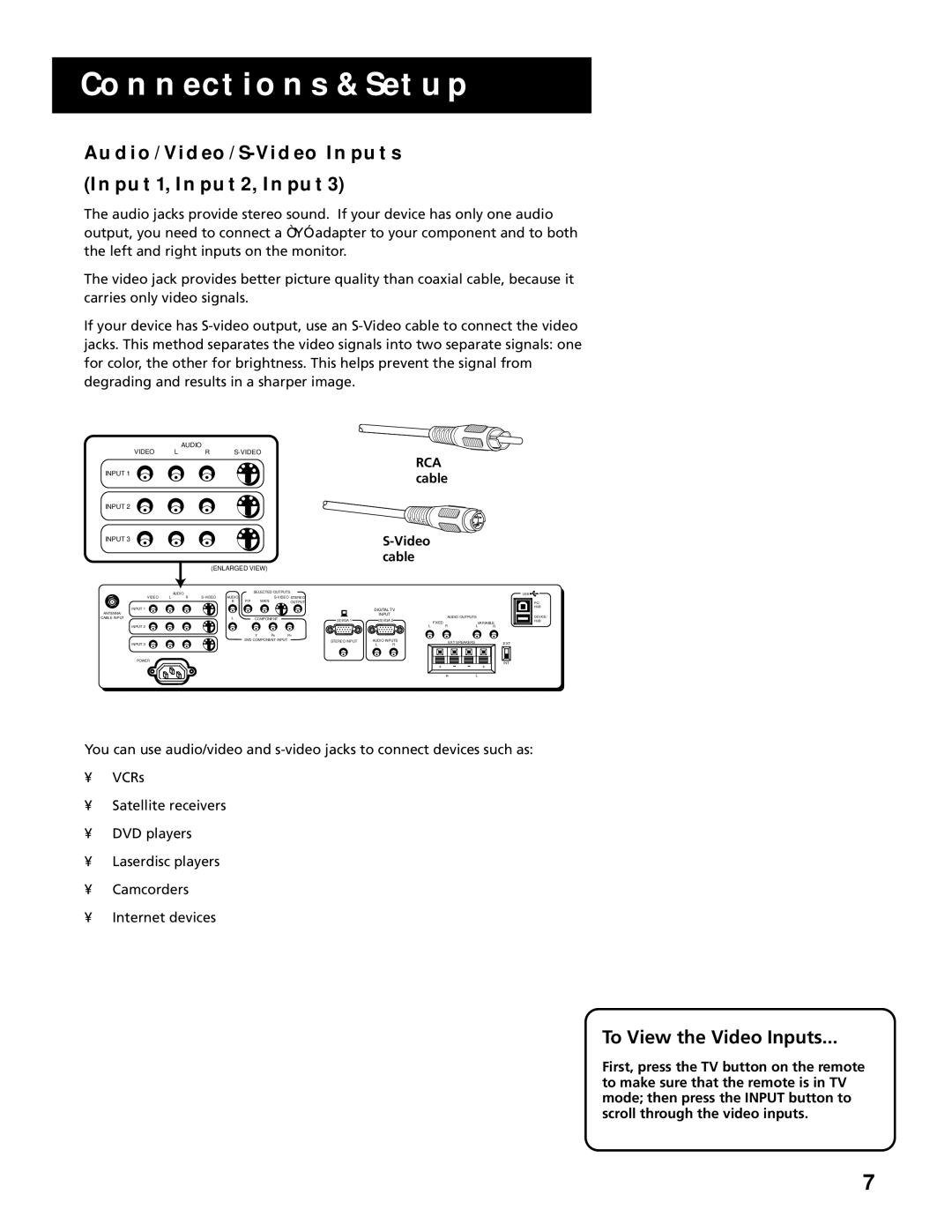 RCA MultiMedia Monitor manual AUDIO/VIDEO/S-VIDEO Inputs INPUT1, INPUT2, INPUT3, To View the Video Inputs, Video Cable 