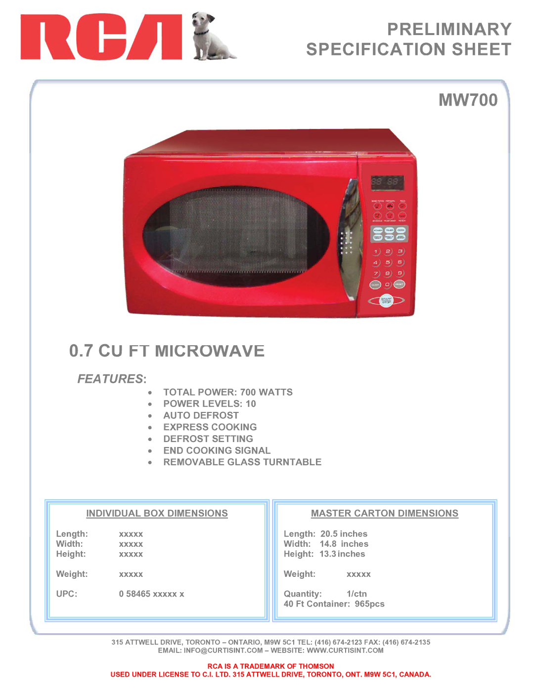 RCA MW700 specifications Preliminary Specification Sheet, CU FT Microwave, Features, Upc 