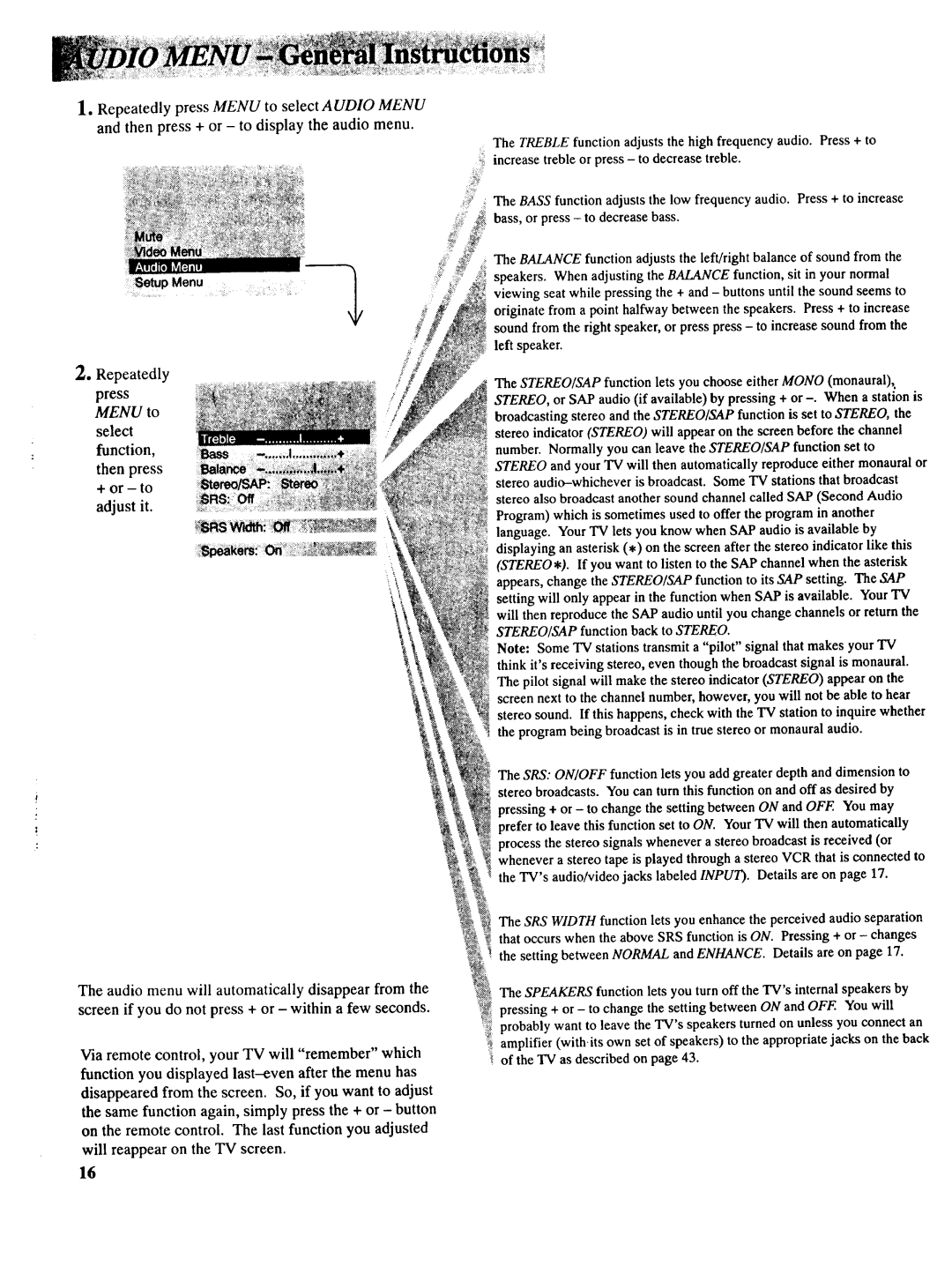 RCA NCJ11 owner manual RepeatedlypressMENU to select Audio Menu, + or to adjust it 