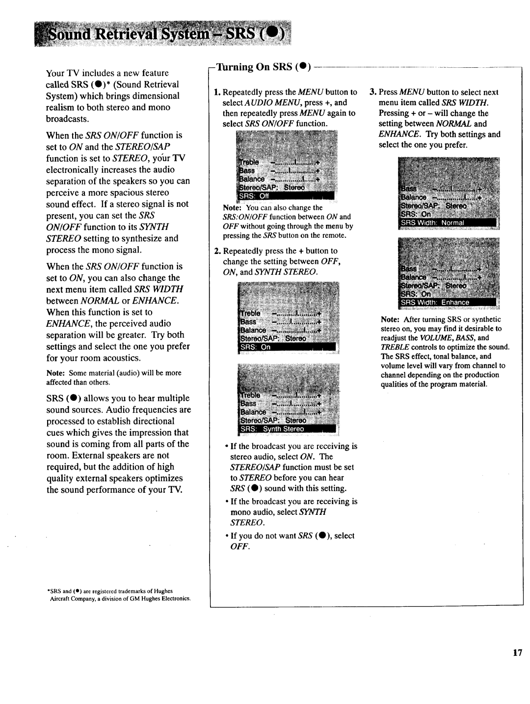 RCA NCJ11 owner manual Turning On SRS 