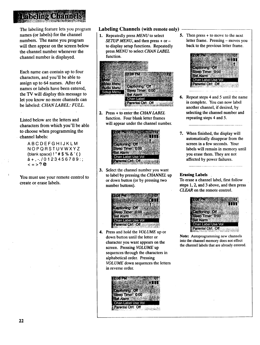 RCA NCJ11 owner manual Channelnumberisdisplayed, Labeling Channels with remote only, Erasing, Steps 